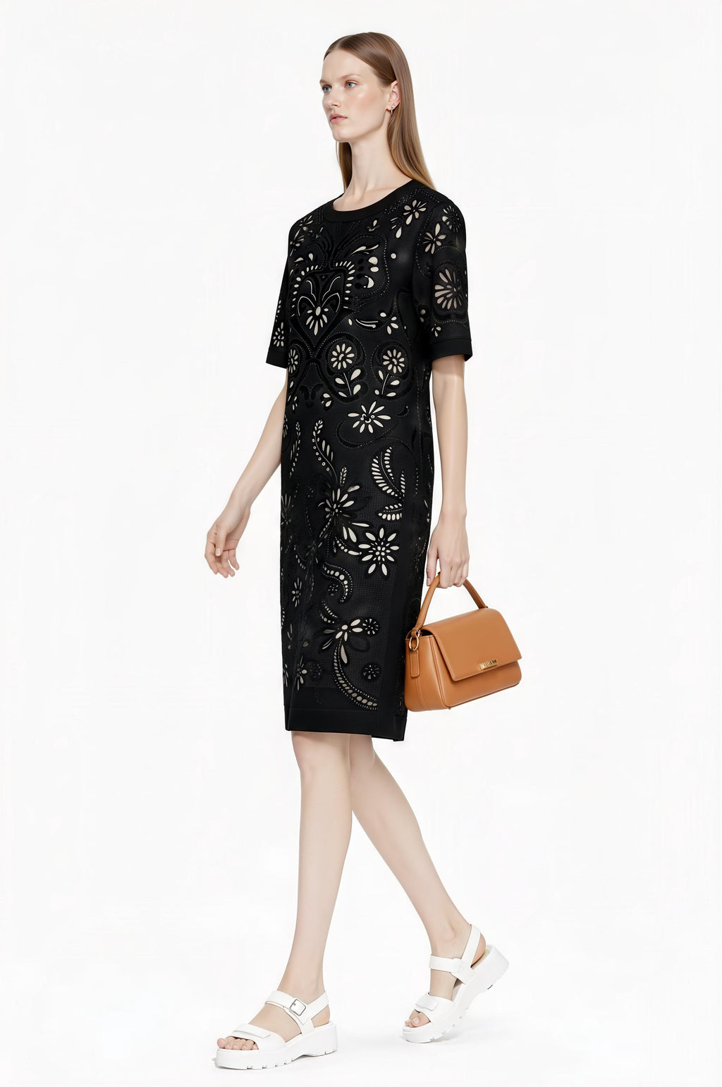Ivory Eyelet Print T-Shirt Dress, Lace-Look Mini Shift, Summer Feminine白 Dress __etsy:7811957975