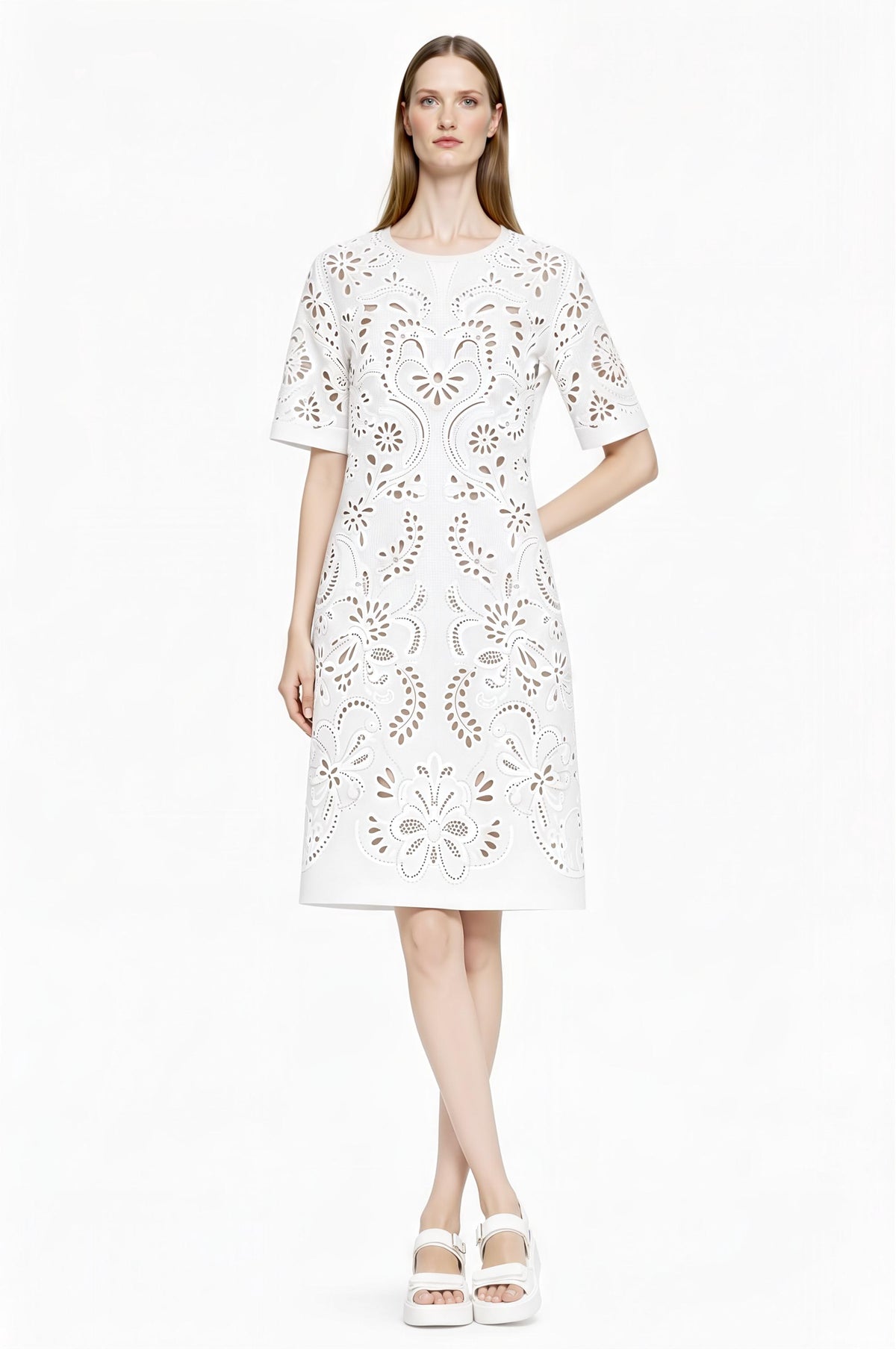 Ivory Eyelet Print T-Shirt Dress, Lace-Look Mini Shift, Summer Feminine白 Dress __etsy:7811957979