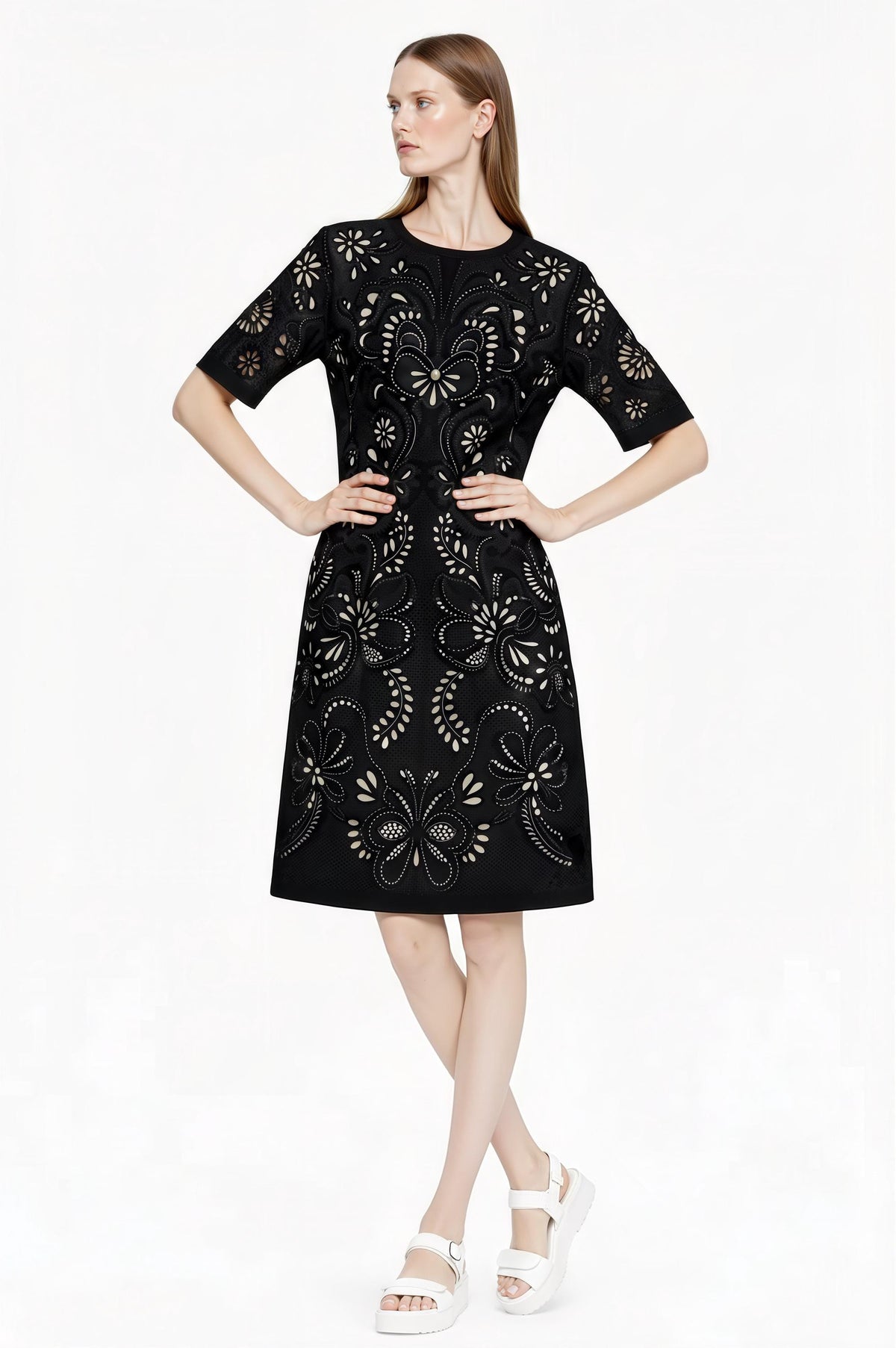 Ivory Eyelet Print T-Shirt Dress, Lace-Look Mini Shift, Summer Feminine白 Dress __etsy:7811957983