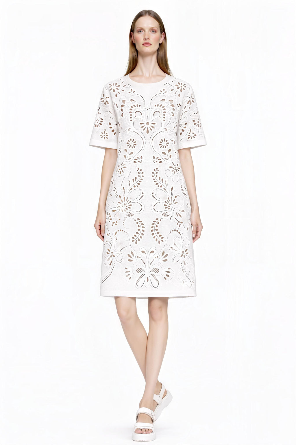 Ivory Eyelet Print T-Shirt Dress, Lace-Look Mini Shift, Summer Feminine白 Dress __etsy:7811976485