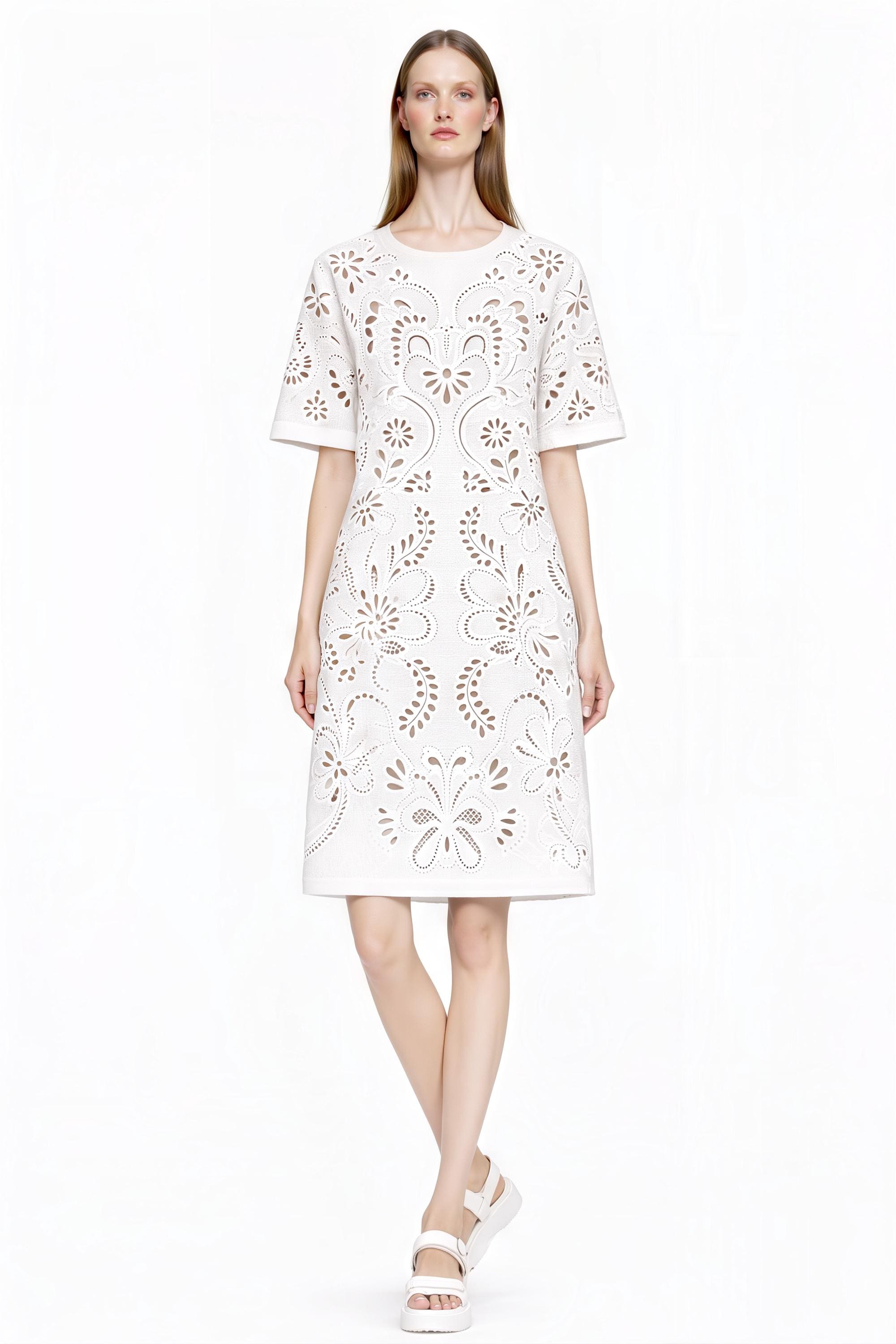 Ivory Eyelet Print T-Shirt Dress, Lace-Look Mini Shift, Summer Feminine白 Dress __etsy:7811976485