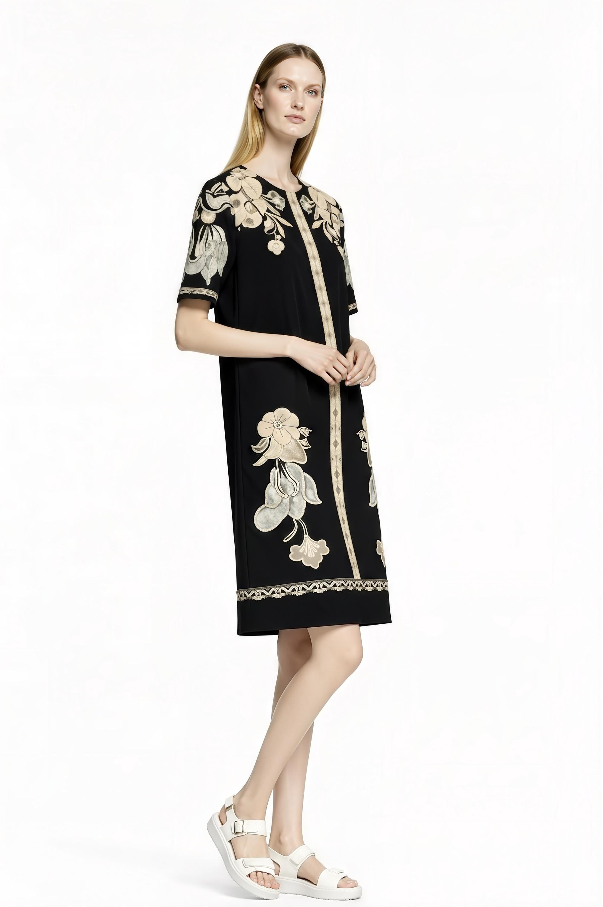 Black Floral Shift Dress, Stretch Woven Mini Dress, Vintage Inspired Print __etsy:7814549939