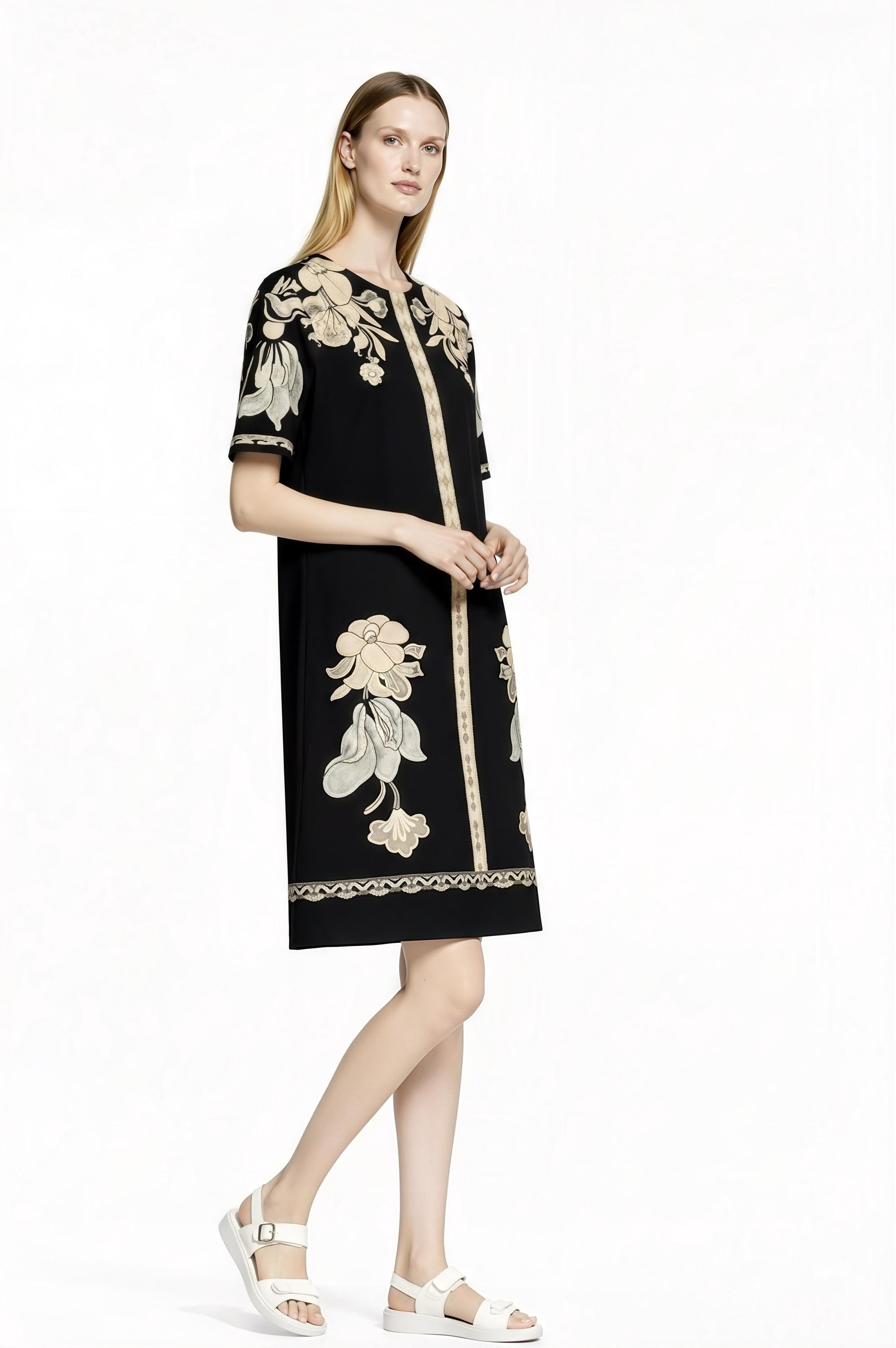 Black Floral Shift Dress, Stretch Woven Mini Dress, Vintage Inspired Print __etsy:7814549945