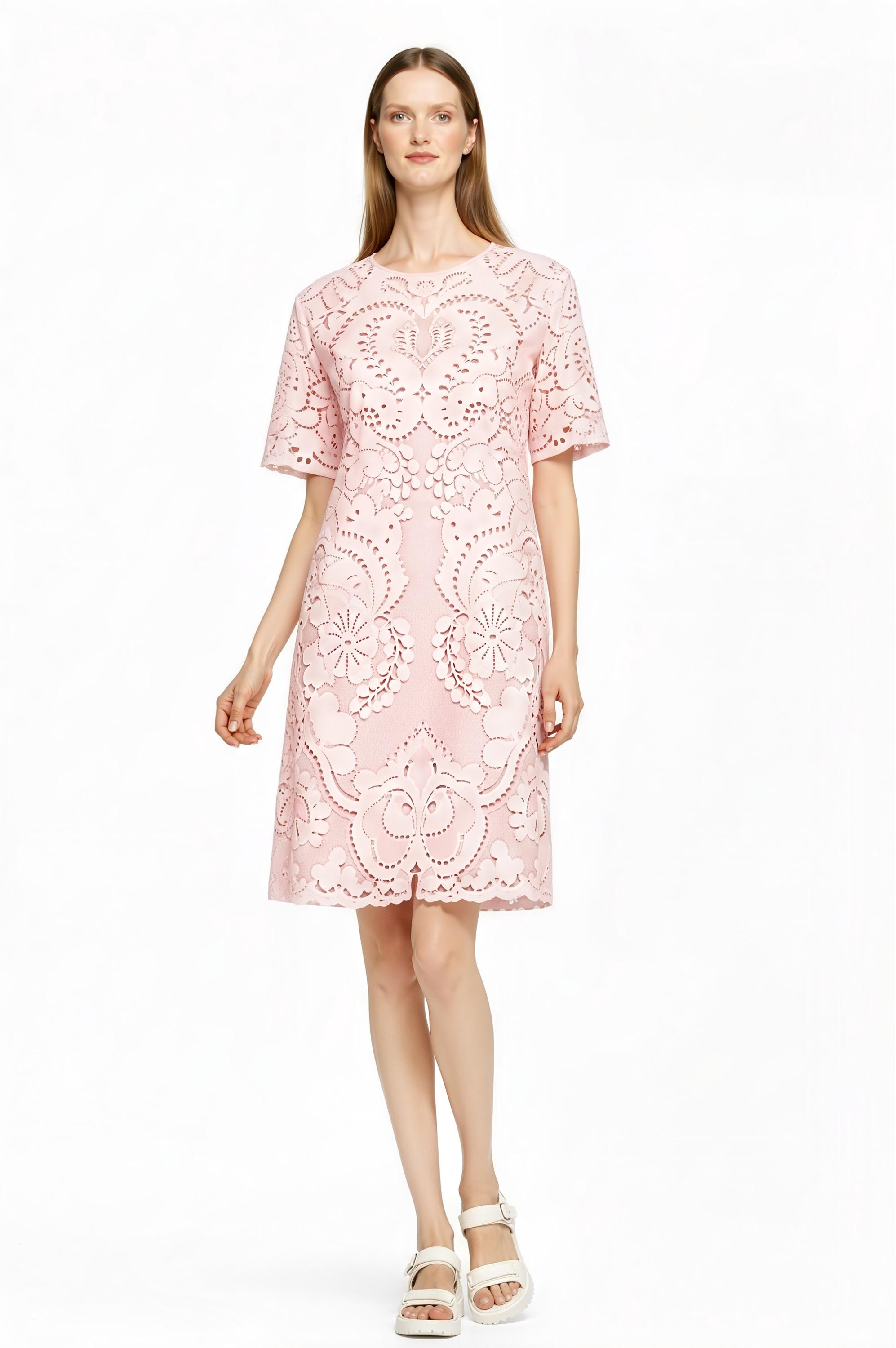 Light Blue Eyelet Print T-Shirt Dress, Lace Look Shift, Summer Casual Feminine Styling __etsy:7815610783