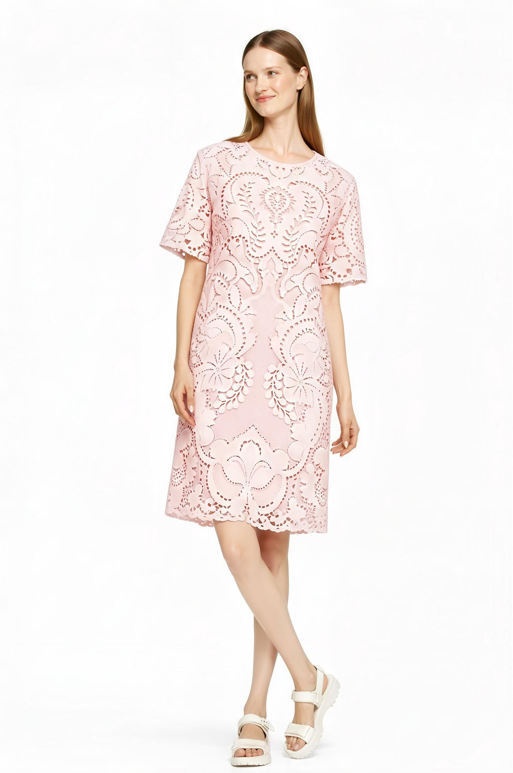 Light Blue Eyelet Print T-Shirt Dress, Lace Look Shift, Summer Casual Feminine Styling __etsy:7815610785