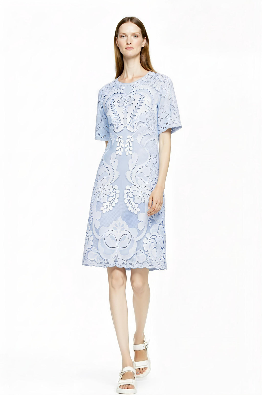 Light Blue Eyelet Print T-Shirt Dress, Lace Look Shift, Summer Casual Feminine Styling __etsy:7815610819