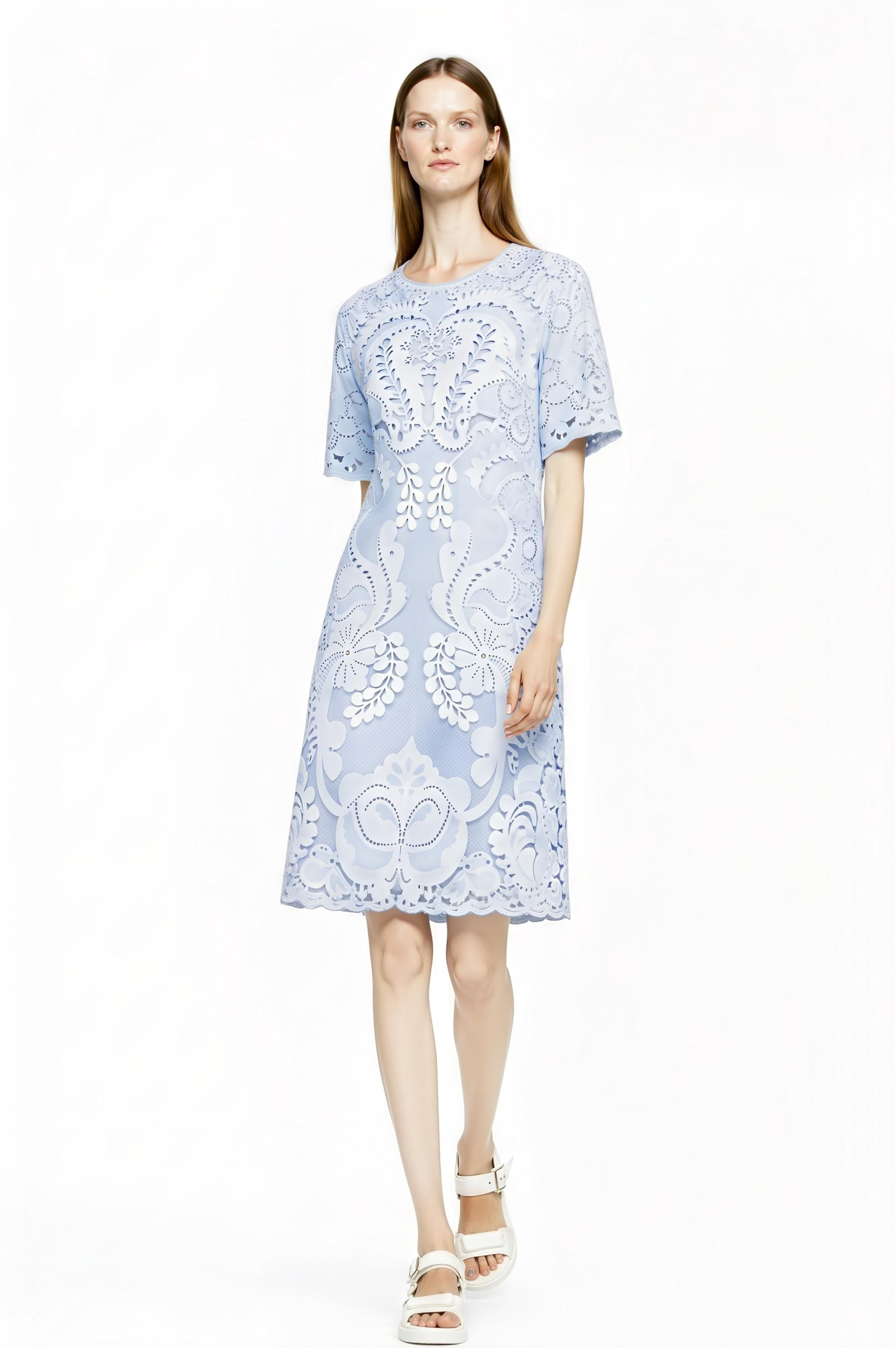 Light Blue Eyelet Print T-Shirt Dress, Lace Look Shift, Summer Casual Feminine Styling __etsy:7815610819