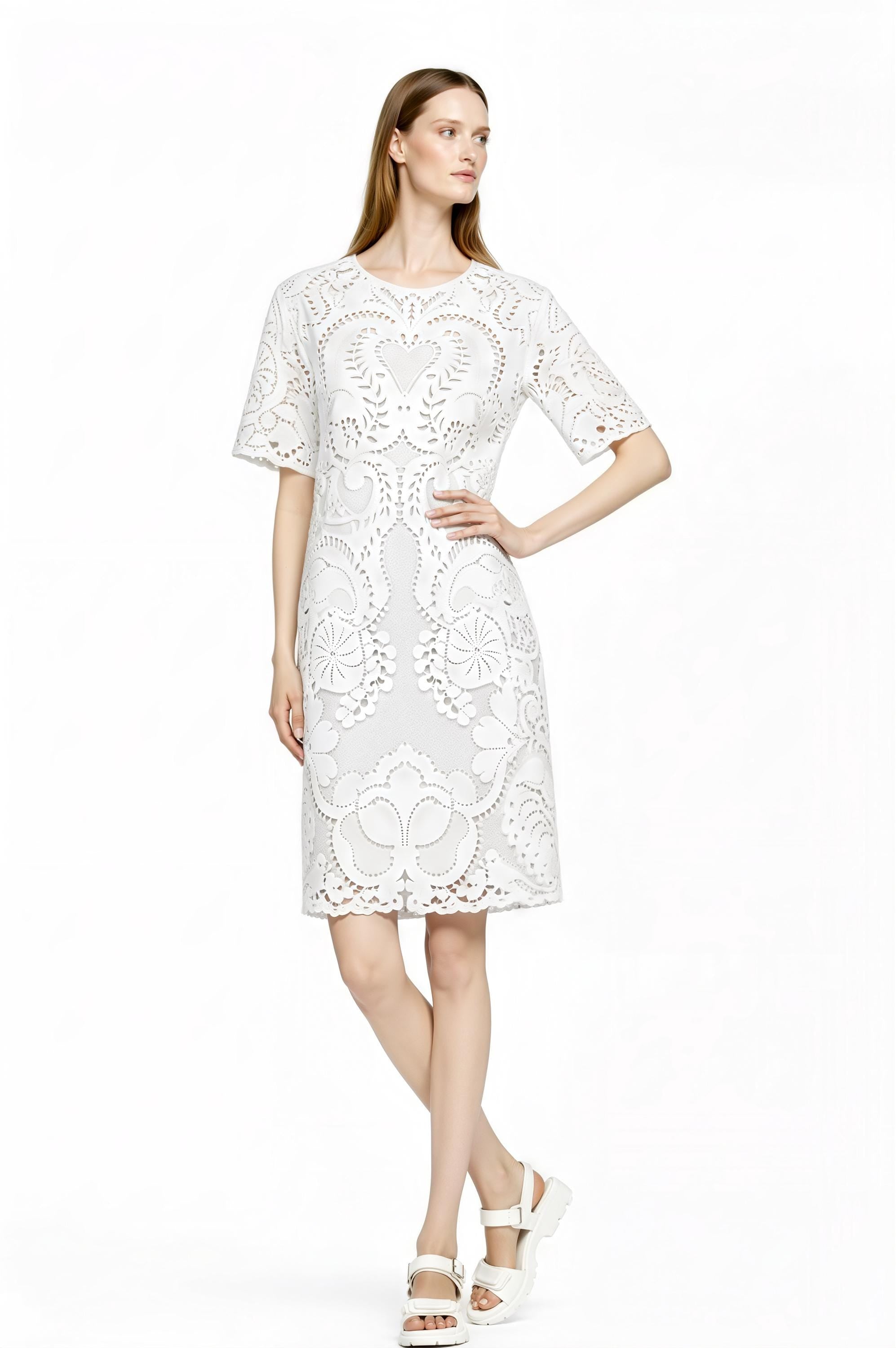 Light Blue Eyelet Print T-Shirt Dress, Lace Look Shift, Summer Casual Feminine Styling __etsy:7815610821