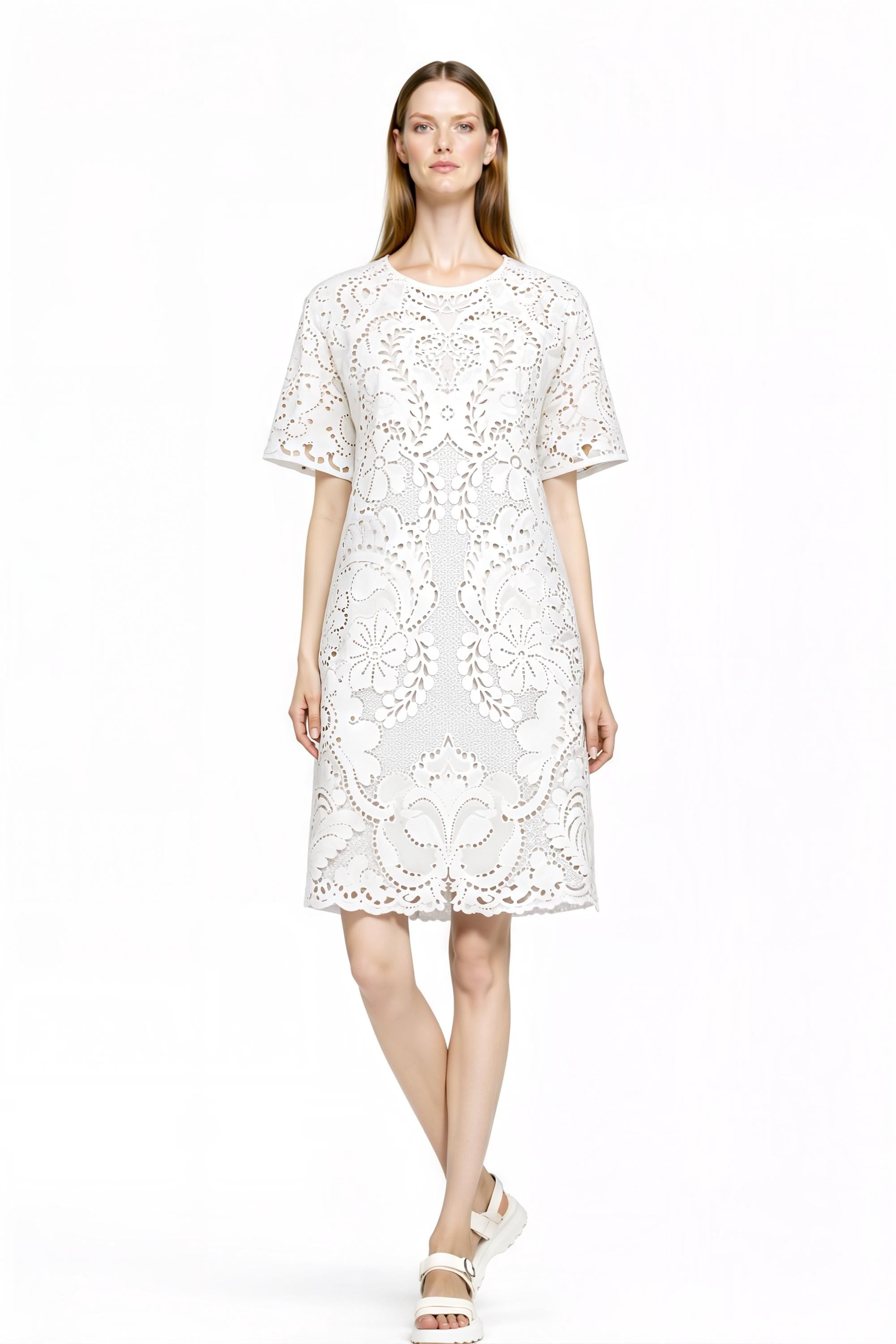 Light Blue Eyelet Print T-Shirt Dress, Lace Look Shift, Summer Casual Feminine Styling __etsy:7815611849