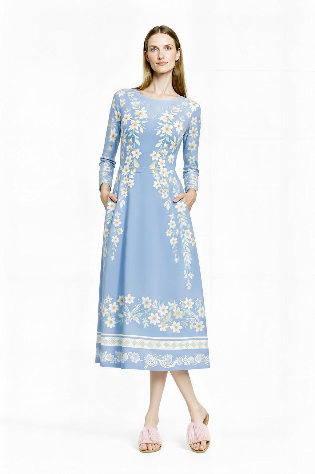 Blue Floral Midi Dress, Vintage Botanical Print, A-Line Silhouette, Long Sleeve, Pockets __etsy:7816245660