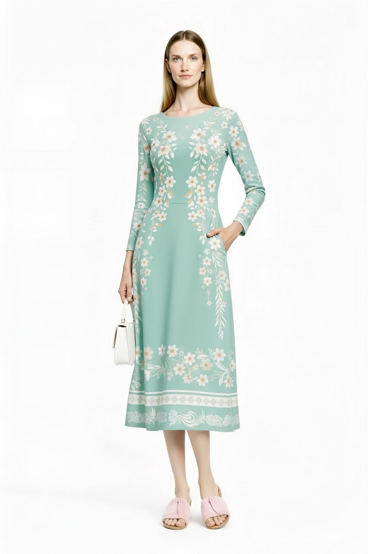 Blue Floral Midi Dress, Vintage Botanical Print, A-Line Silhouette, Long Sleeve, Pockets __etsy:7816245790