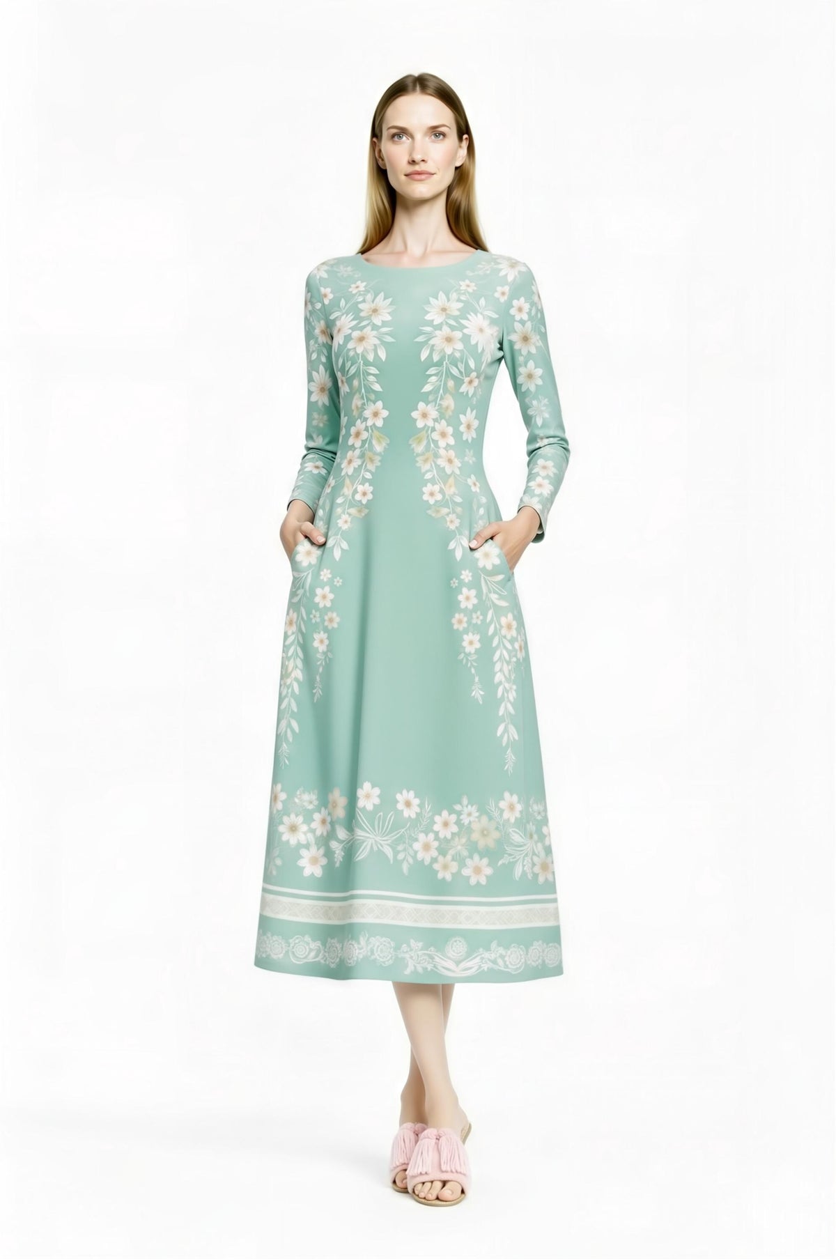 Blue Floral Midi Dress, Vintage Botanical Print, A-Line Silhouette, Long Sleeve, Pockets __etsy:7816245794