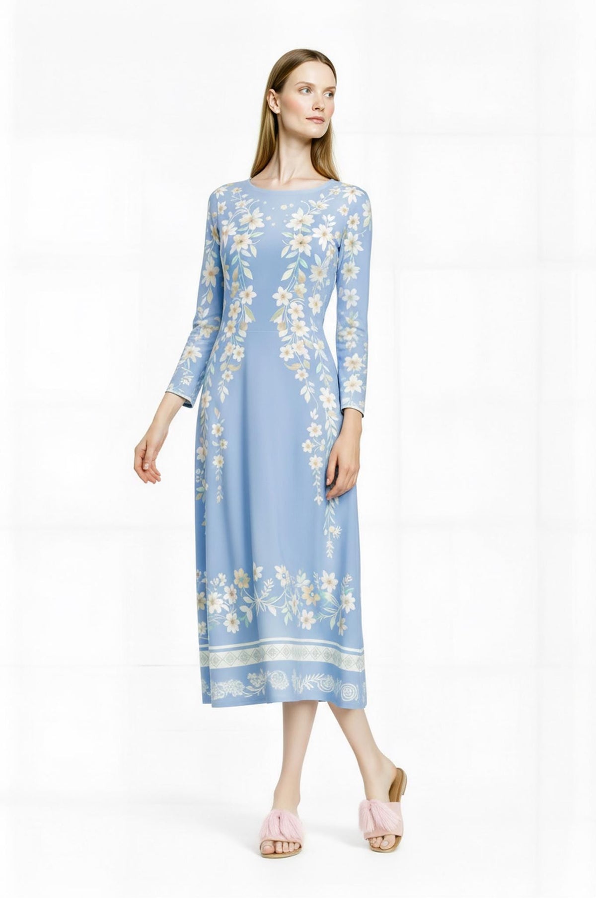 Blue Floral Midi Dress, Vintage Botanical Print, A-Line Silhouette, Long Sleeve, Pockets __etsy:7816277442