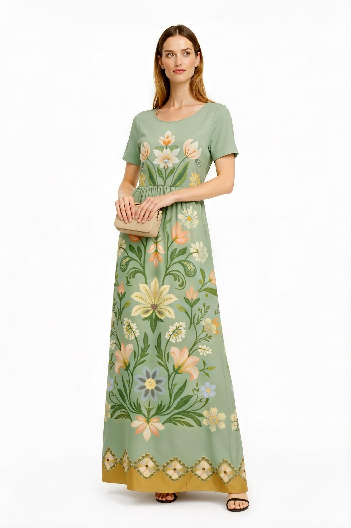 Blush Pink Floral Maxi Dress, Vintage Folk Print, Short Sleeve Resort Outfit with Pockets __etsy:7819099491