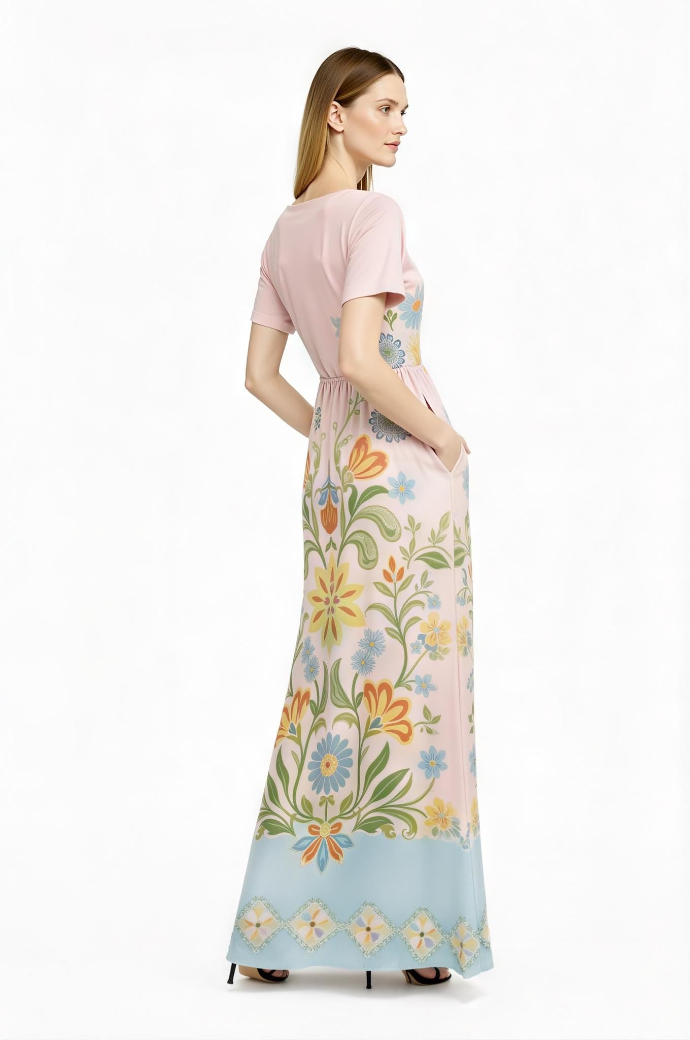 Blush Pink Floral Maxi Dress, Vintage Folk Print, Short Sleeve Resort Outfit with Pockets __etsy:7819099503