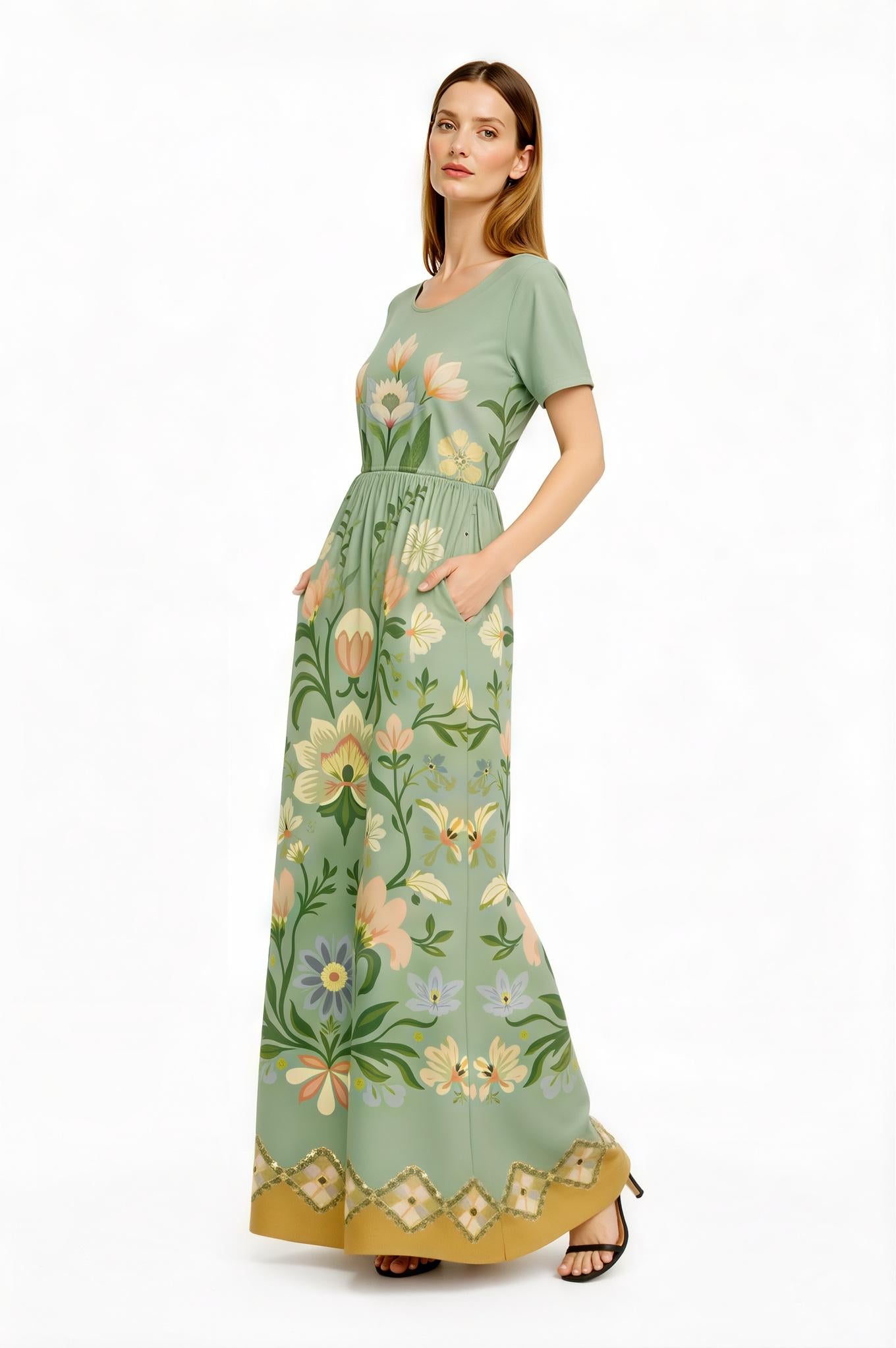 Blush Pink Floral Maxi Dress, Vintage Folk Print, Short Sleeve Resort Outfit with Pockets __etsy:7819099523