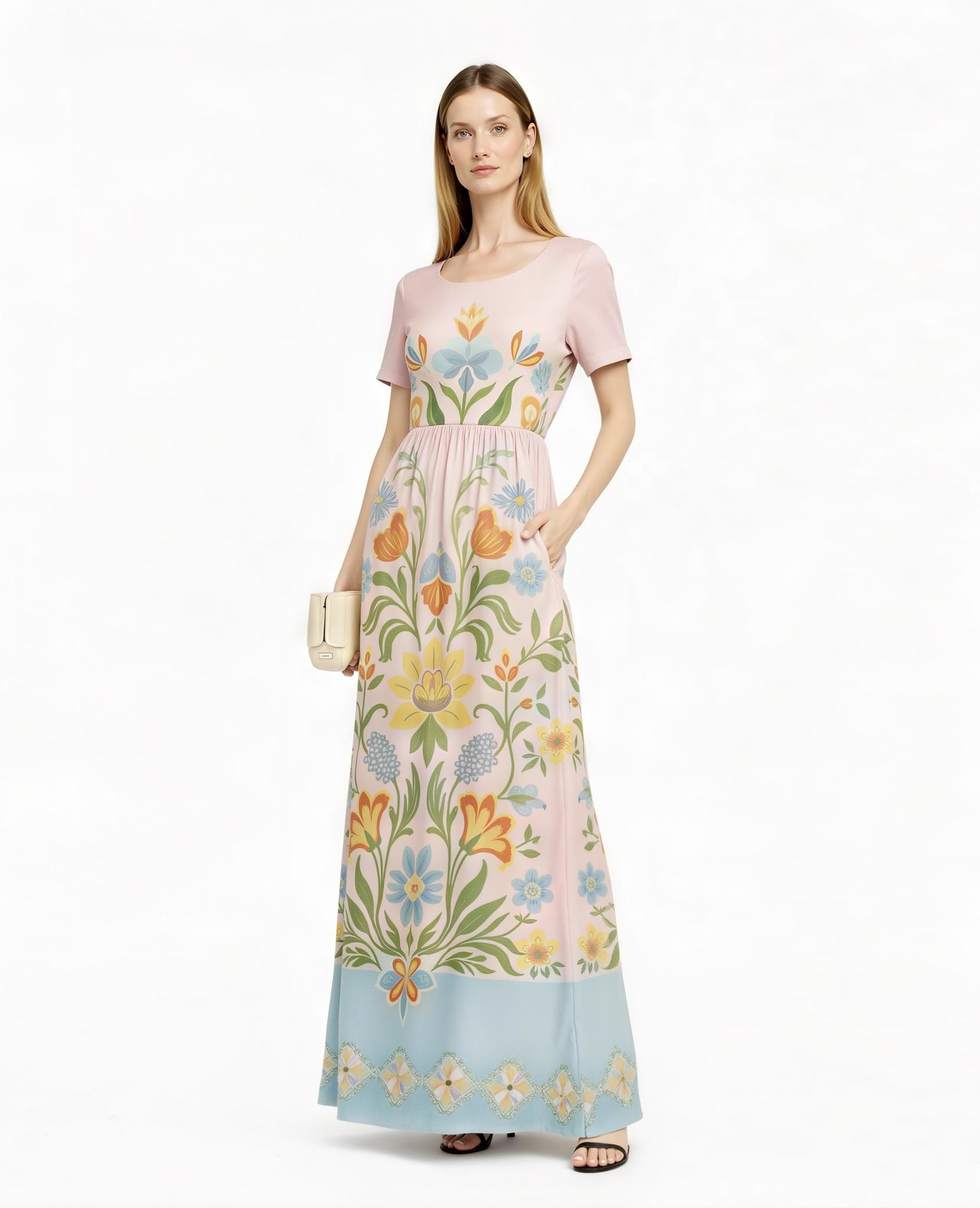 Blush Pink Floral Maxi Dress, Vintage Folk Print, Short Sleeve Resort Outfit with Pockets __etsy:7819112161