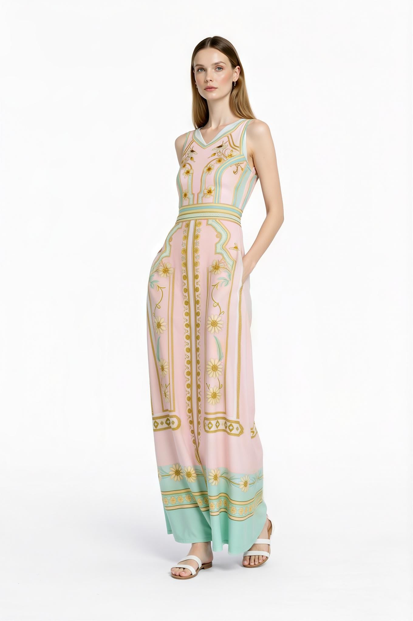 Mint Floral Maxi Dress, Sleeveless A-Line, Vintage Pastel Garden Resort Outfit __etsy:7819149773