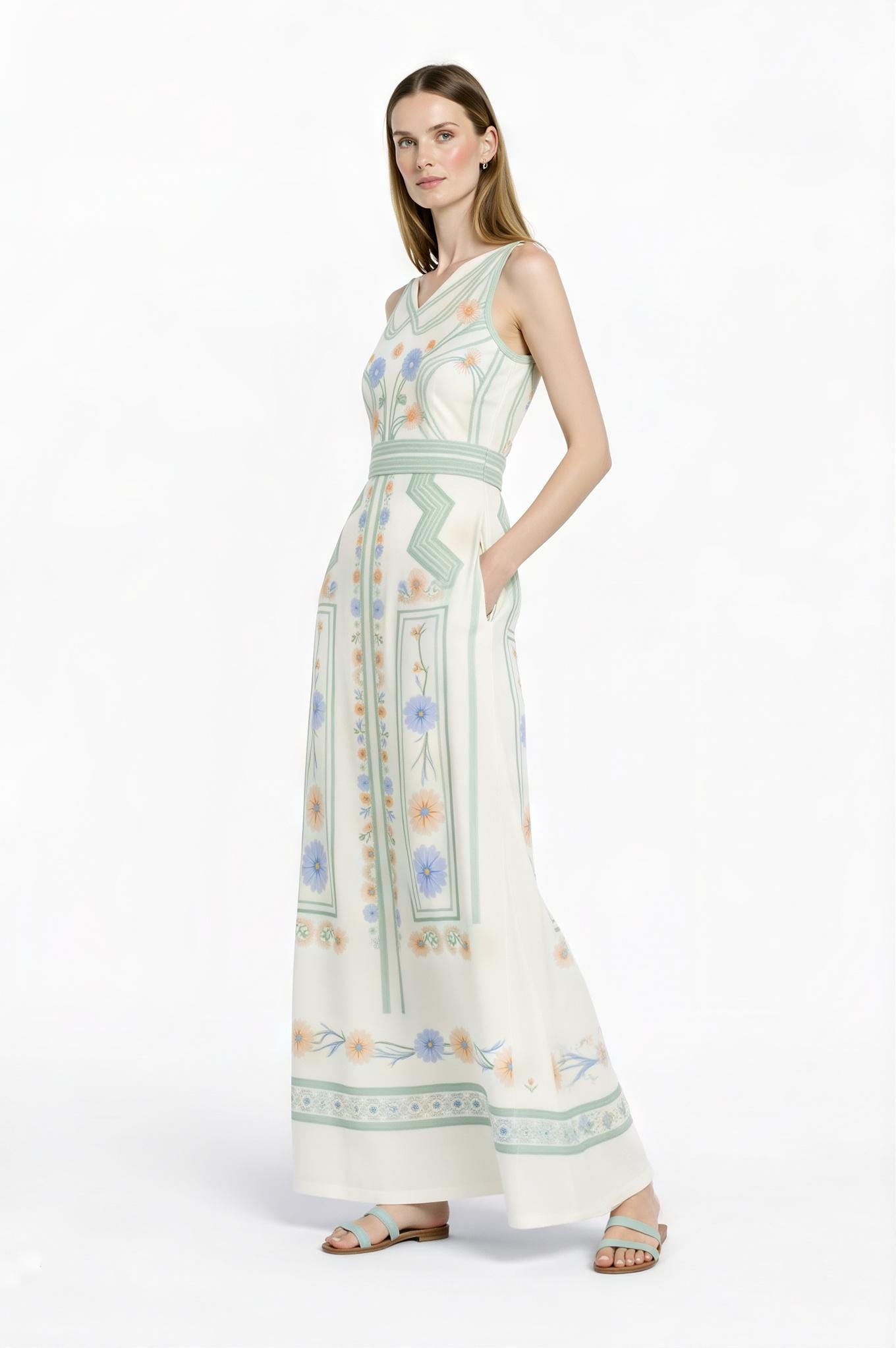 Mint Floral Maxi Dress, Sleeveless A-Line, Vintage Pastel Garden Resort Outfit __etsy:7819149797