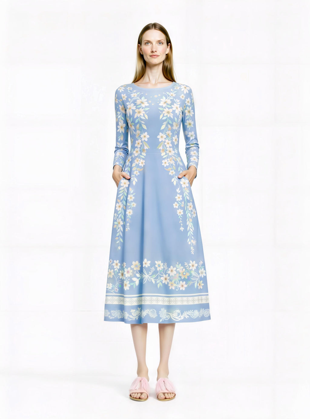 Blue Floral Midi Dress, Vintage Botanical Print, A-Line Silhouette, Long Sleeve, Pockets __etsy:7820172722