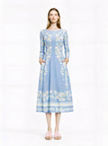 Blue Floral Midi Dress, Vintage Botanical Print, A-Line Silhouette, Long Sleeve, Pockets __etsy:7820172722