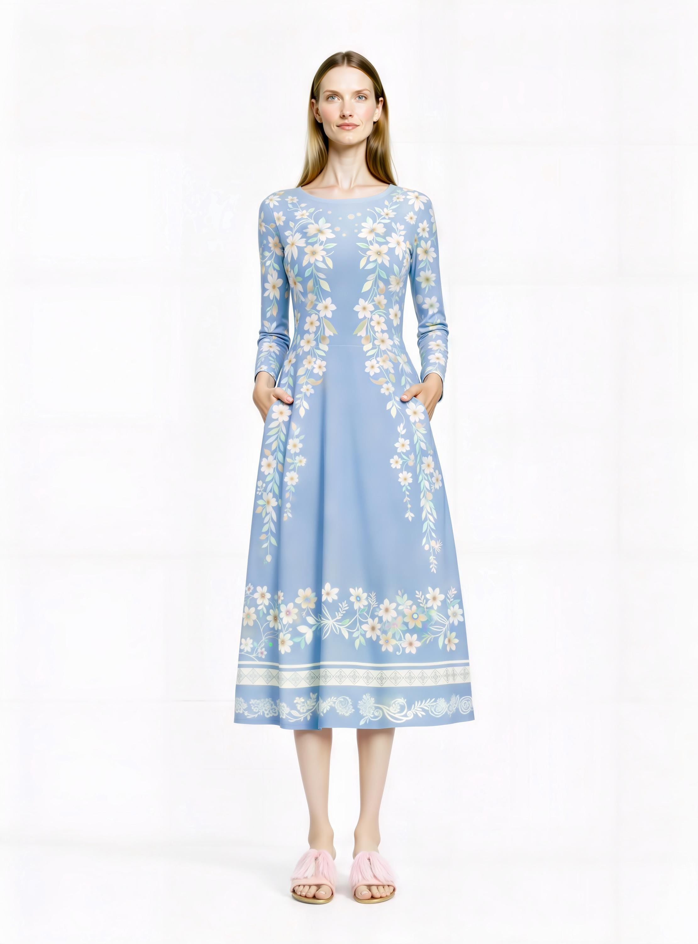 Blue Floral Midi Dress, Vintage Botanical Print, A-Line Silhouette, Long Sleeve, Pockets __etsy:7820172722