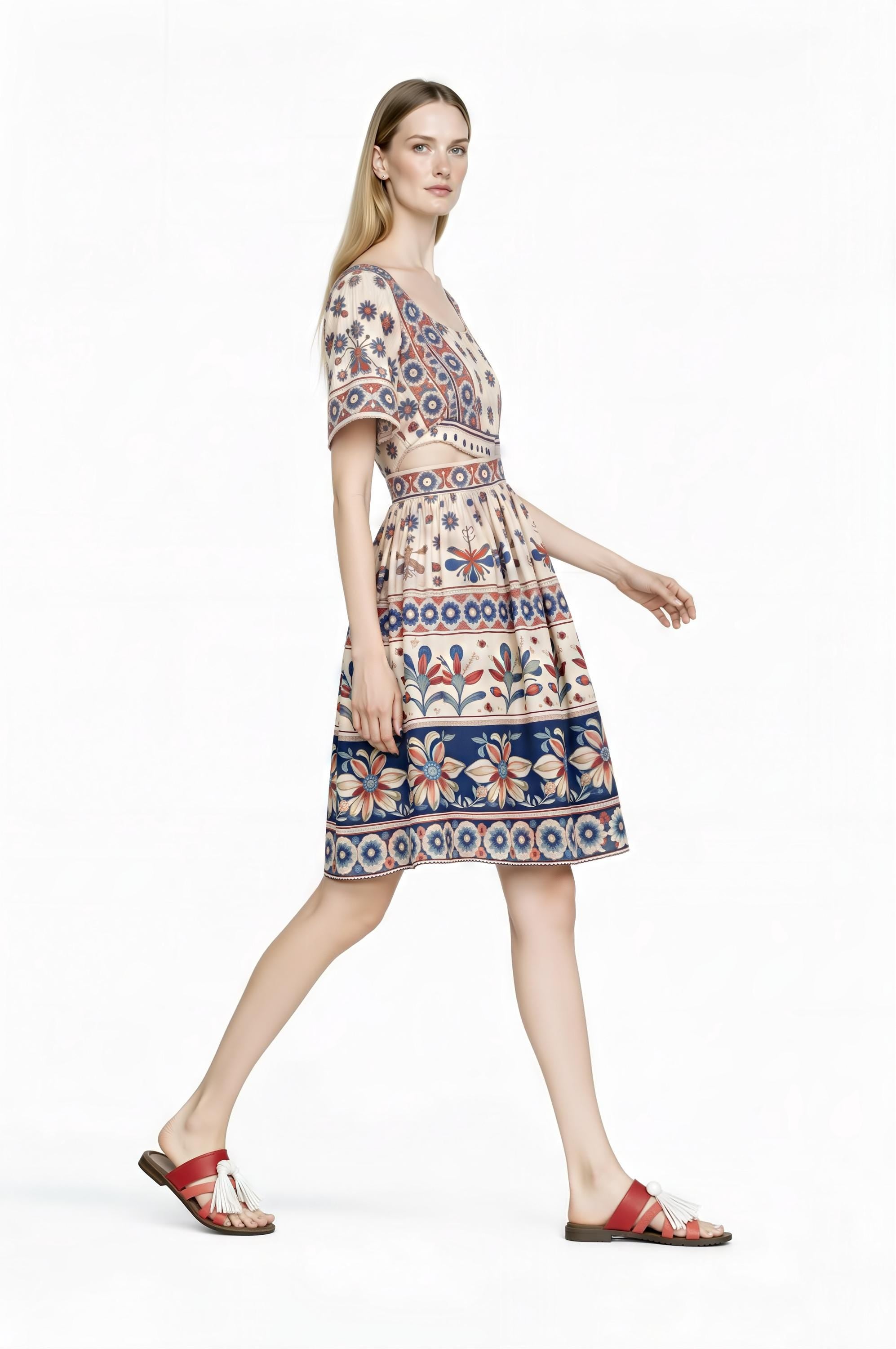 Boho Floral Mini Dress, Vintage Border Print, Flutter Sleeve Resort Outfit __etsy:7822603247