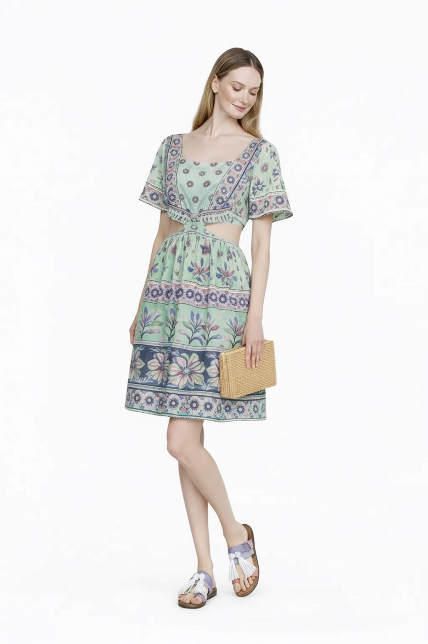 Boho Floral Mini Dress, Vintage Border Print, Flutter Sleeve Resort Outfit __etsy:7822603403