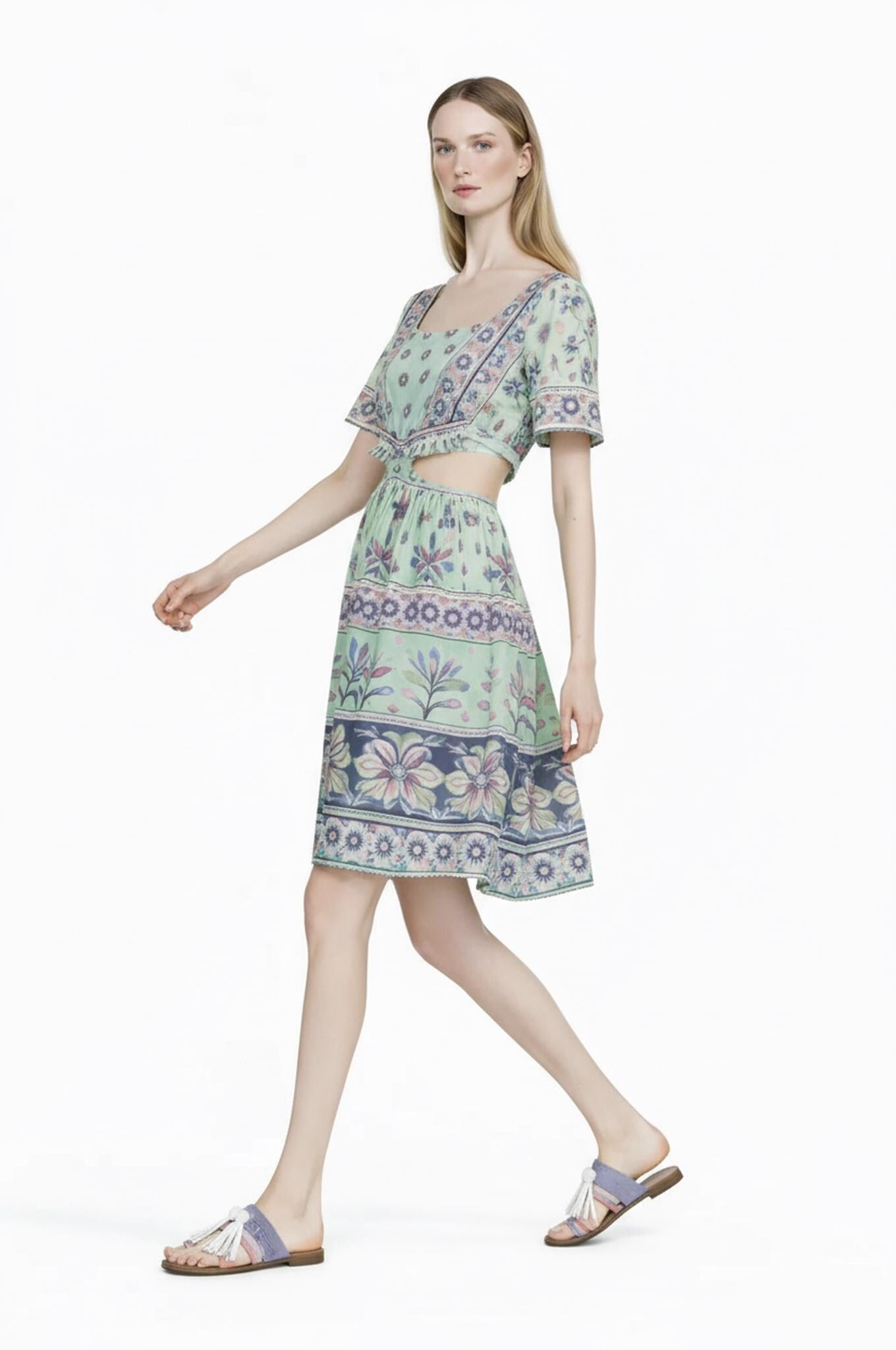 Boho Floral Mini Dress, Vintage Border Print, Flutter Sleeve Resort Outfit __etsy:7822603405