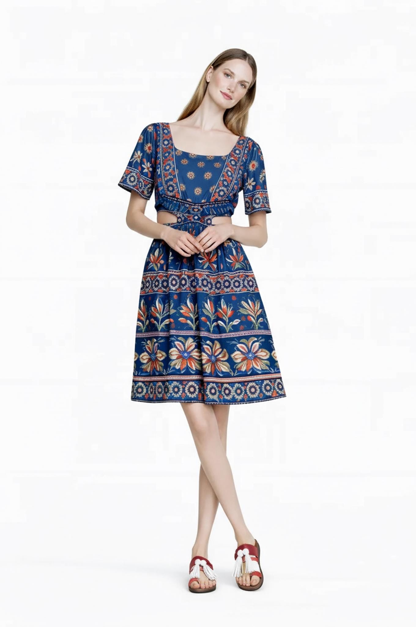 Boho Floral Mini Dress, Vintage Border Print, Flutter Sleeve Resort Outfit __etsy:7822603833