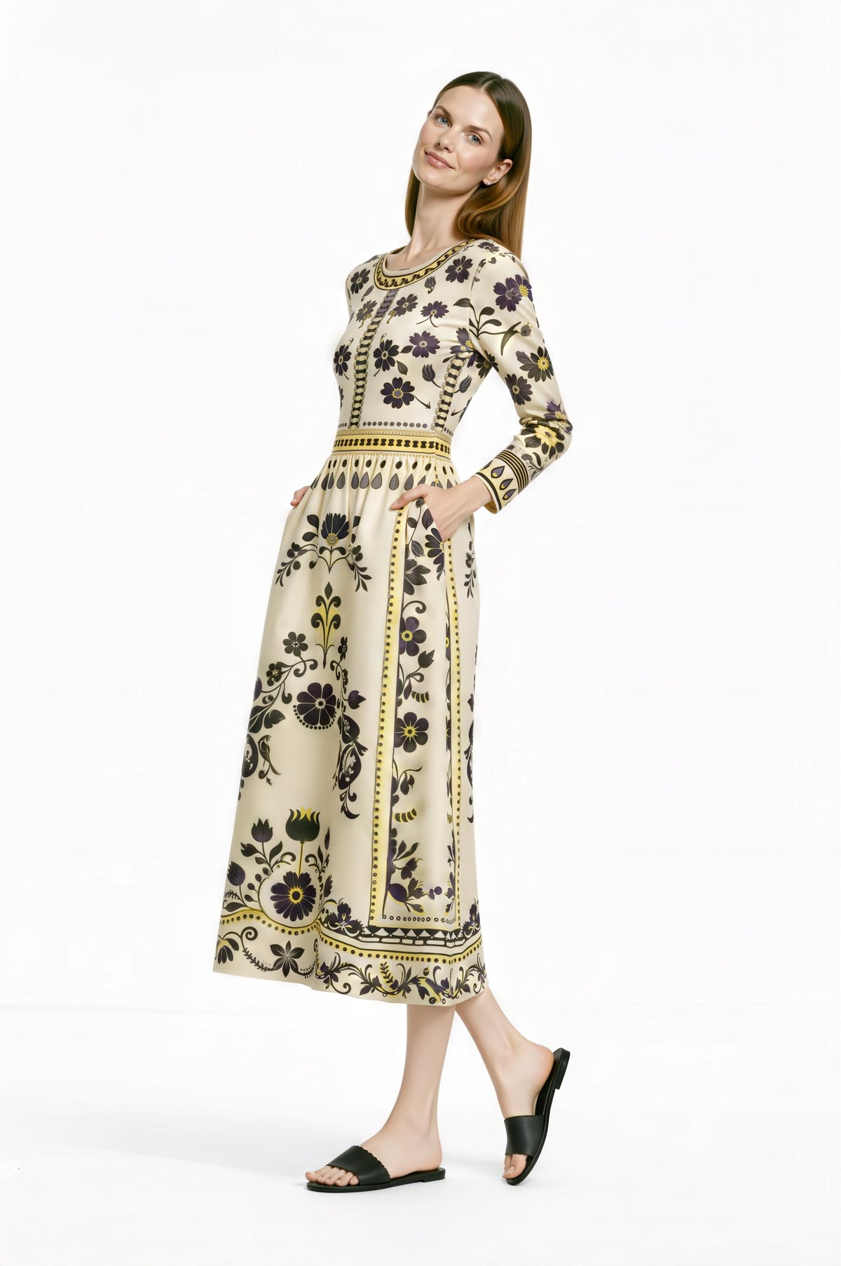 Blue Floral Midi Dress, Vintage Border Print, Long Sleeve, Feminine Silhouette __etsy:7822627706