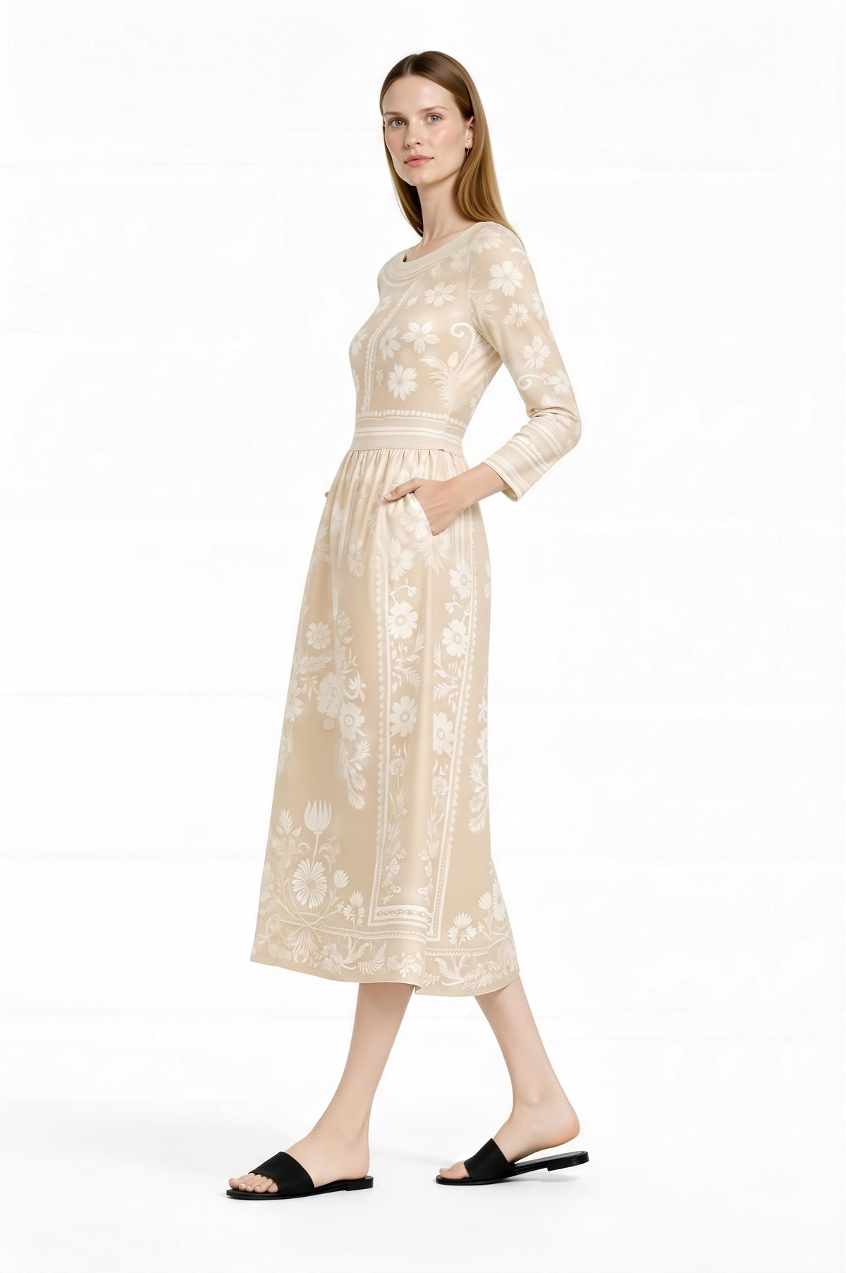 Blue Floral Midi Dress, Vintage Border Print, Long Sleeve, Feminine Silhouette __etsy:7822627708