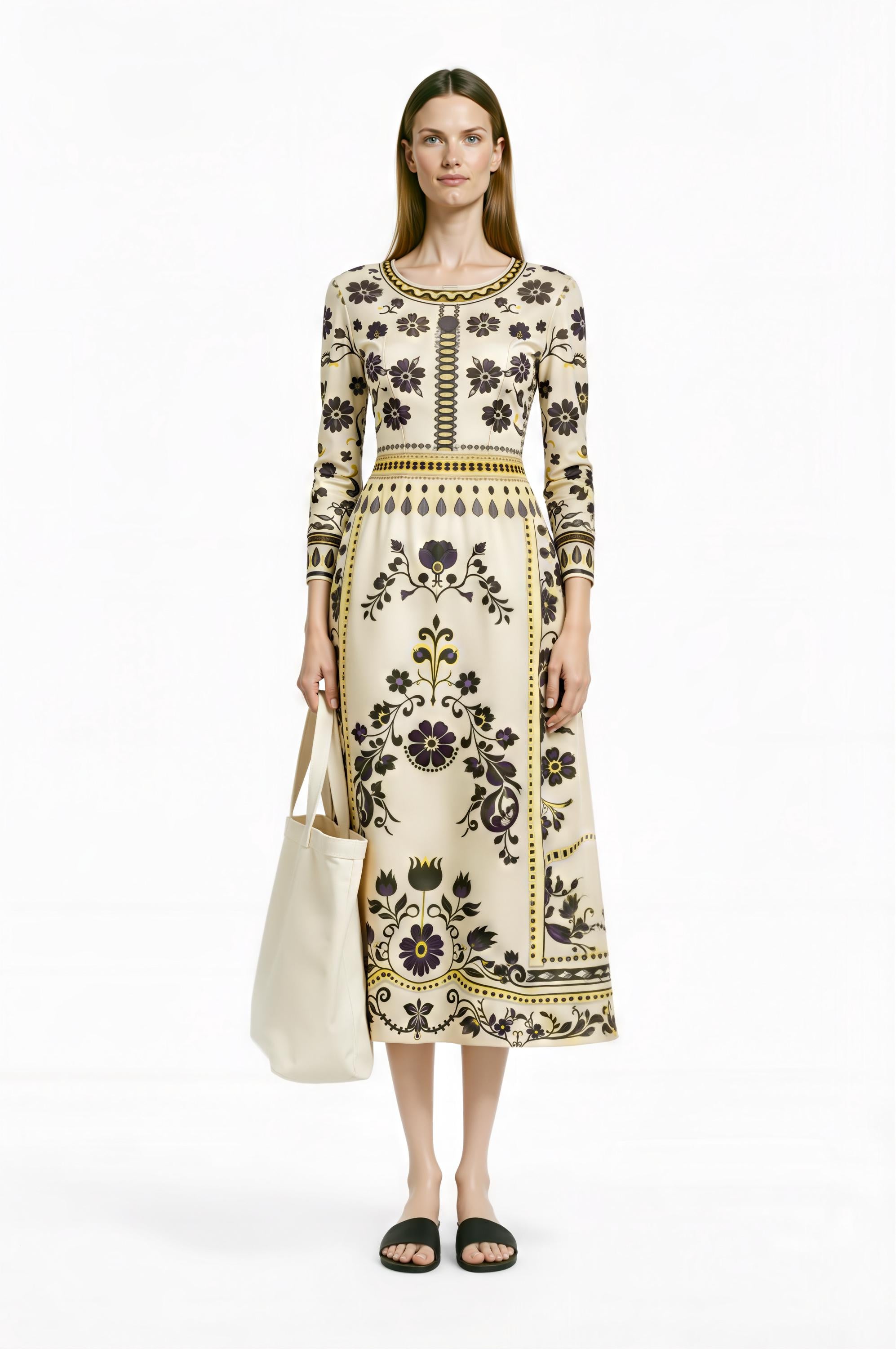 Blue Floral Midi Dress, Vintage Border Print, Long Sleeve, Feminine Silhouette __etsy:7822627714