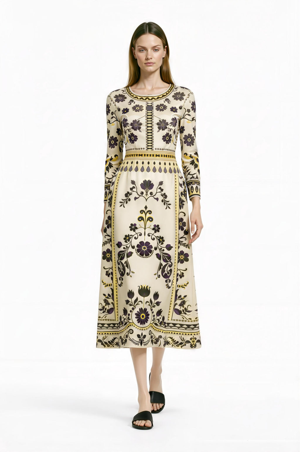 Blue Floral Midi Dress, Vintage Border Print, Long Sleeve, Feminine Silhouette __etsy:7822627716