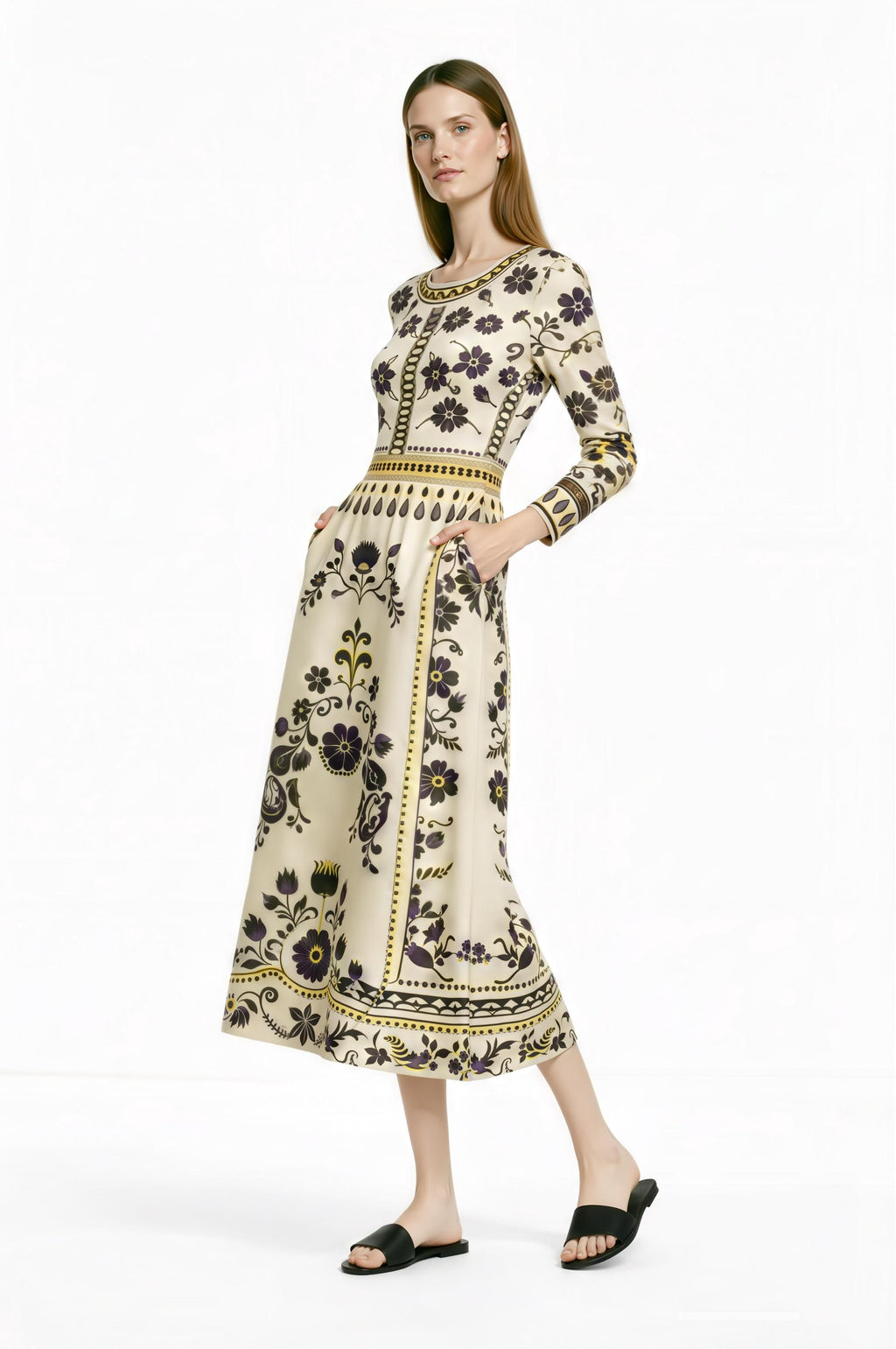 Blue Floral Midi Dress, Vintage Border Print, Long Sleeve, Feminine Silhouette __etsy:7822627720