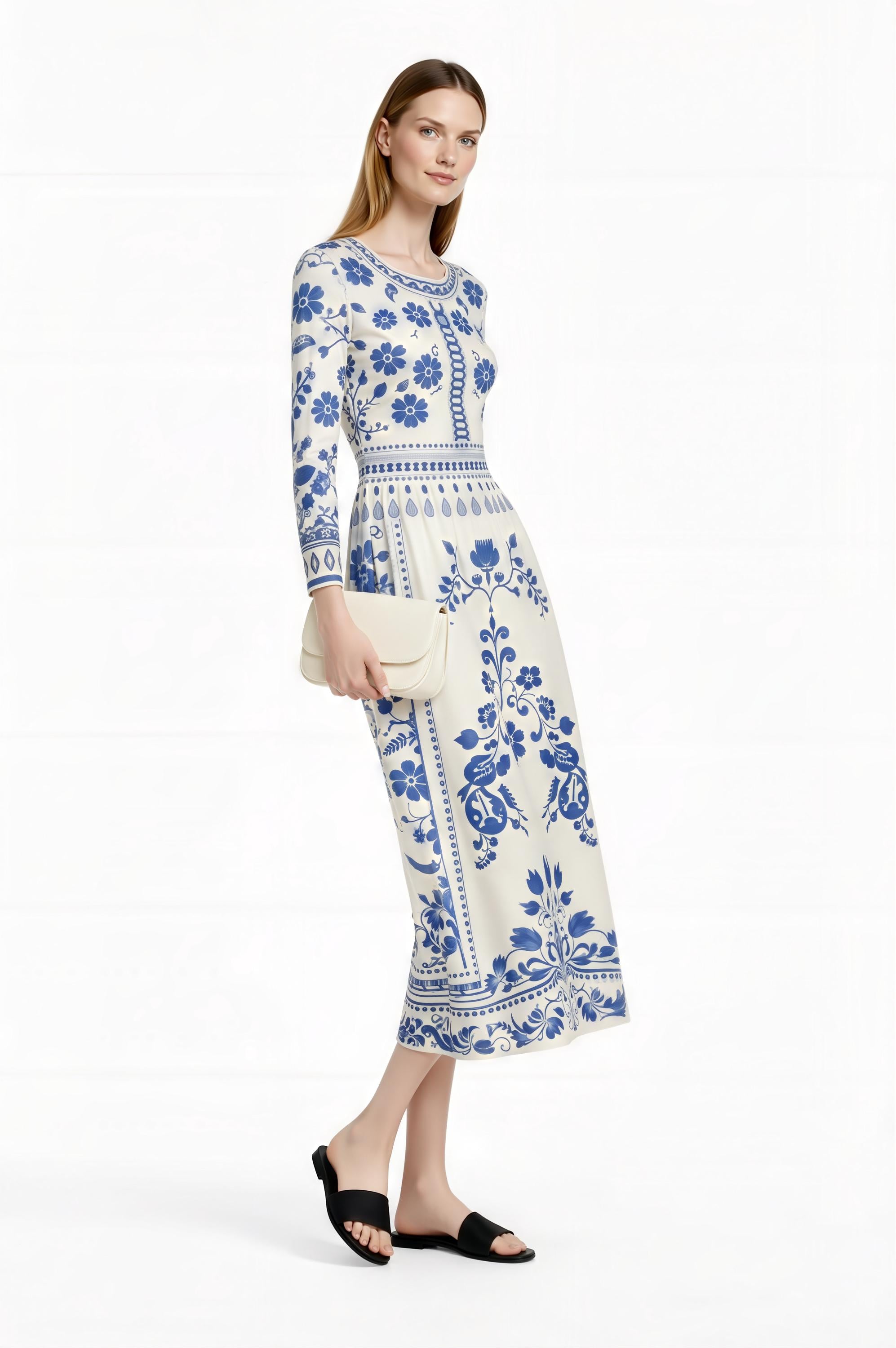 Blue Floral Midi Dress, Vintage Border Print, Long Sleeve, Feminine Silhouette __etsy:7822627740