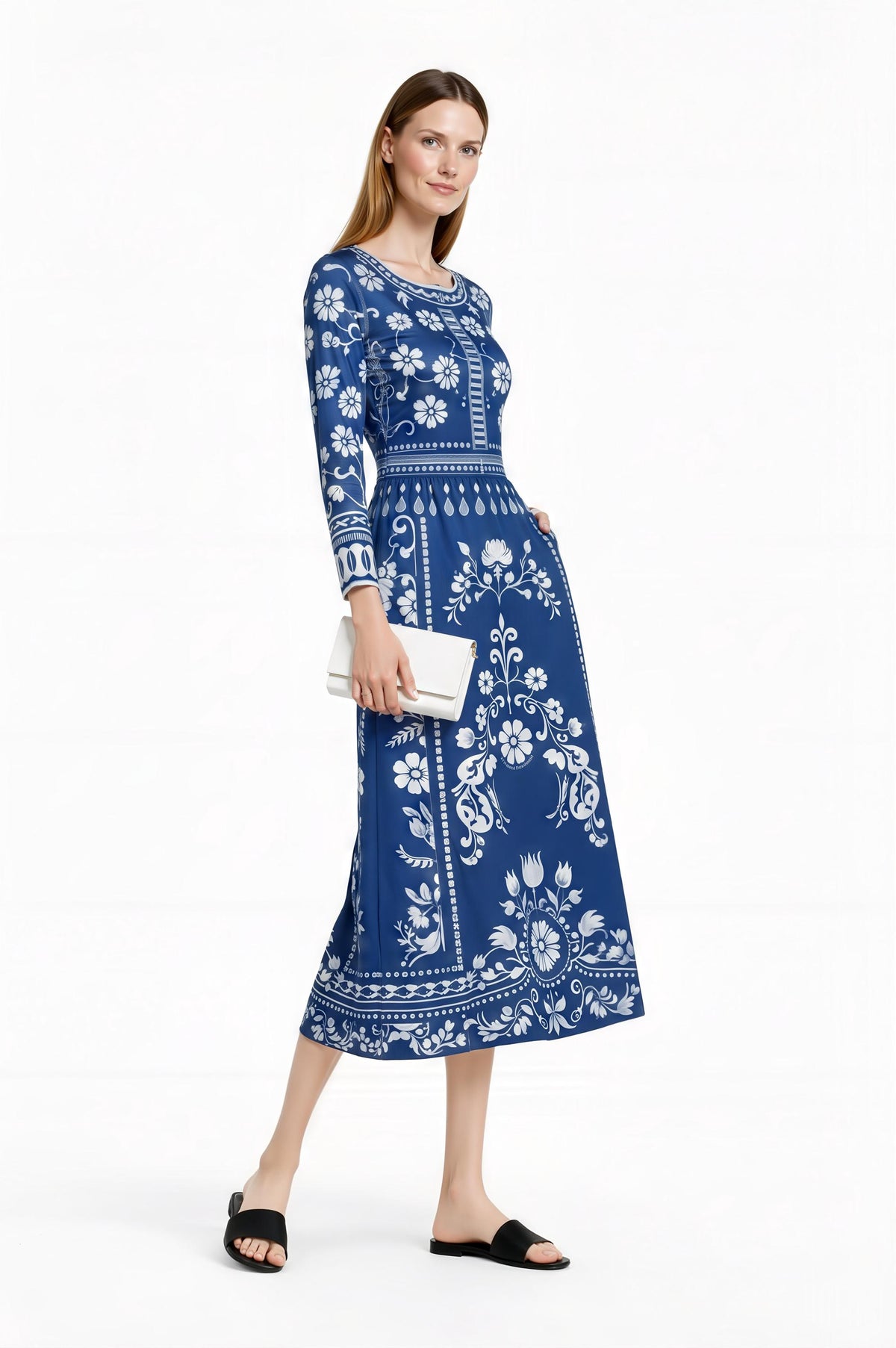 Blue Floral Midi Dress, Vintage Border Print, Long Sleeve, Feminine Silhouette __etsy:7822627742