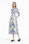 Blue Floral Midi Dress, Vintage Border Print, Long Sleeve, Feminine Silhouette __etsy:7822627752