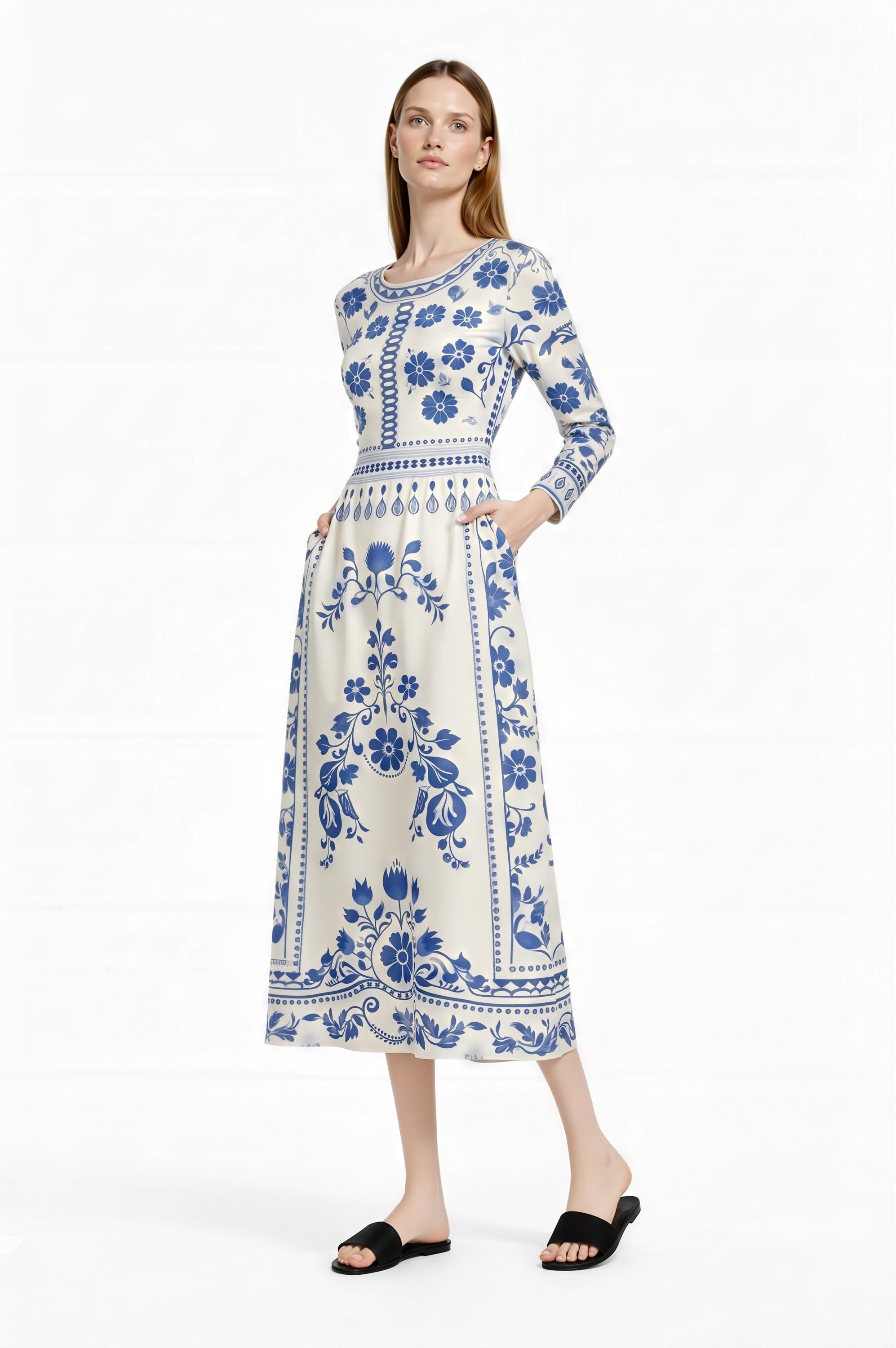 Blue Floral Midi Dress, Vintage Border Print, Long Sleeve, Feminine Silhouette __etsy:7822627752