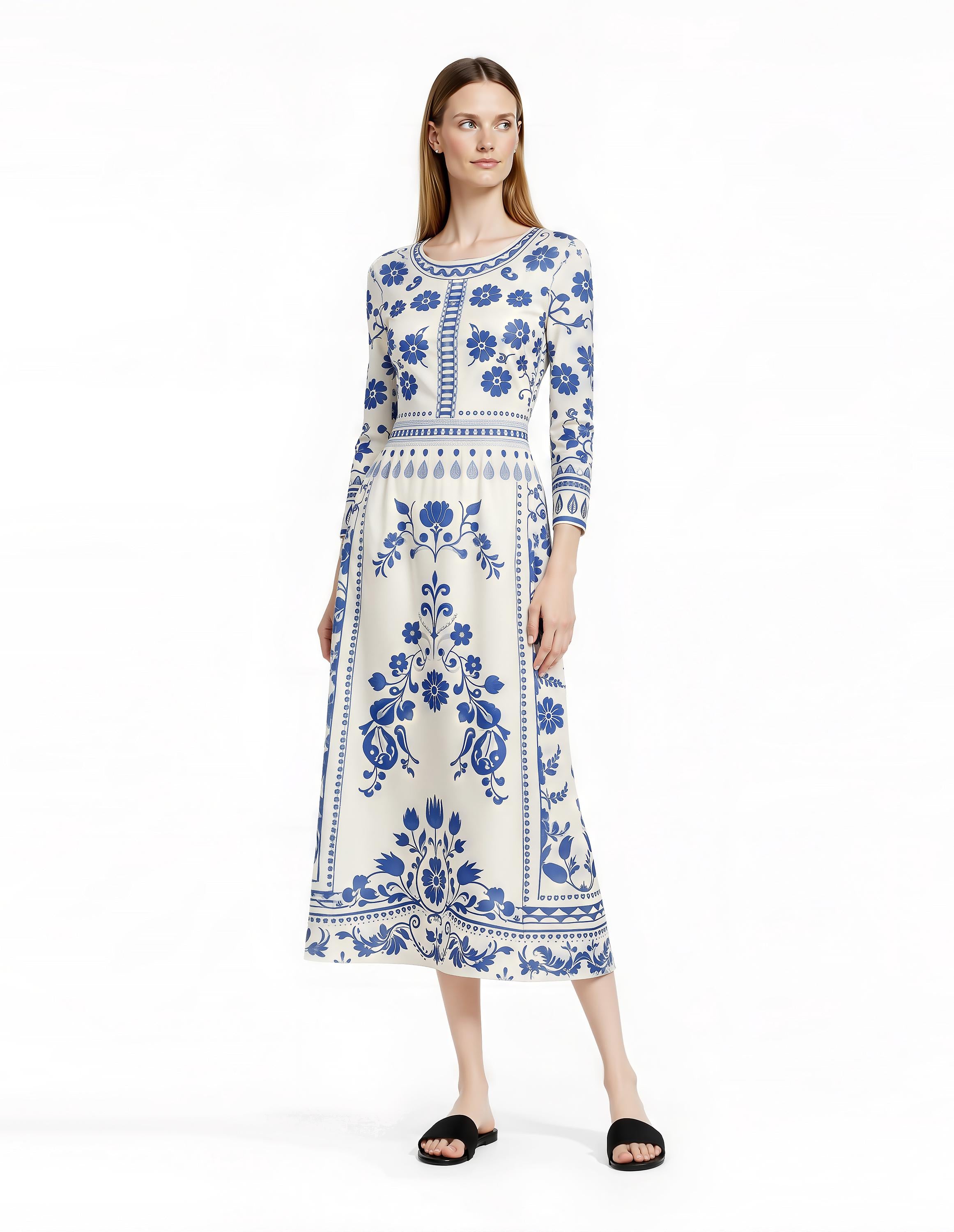 Blue Floral Midi Dress, Vintage Border Print, Long Sleeve, Feminine Silhouette __etsy:7822732112