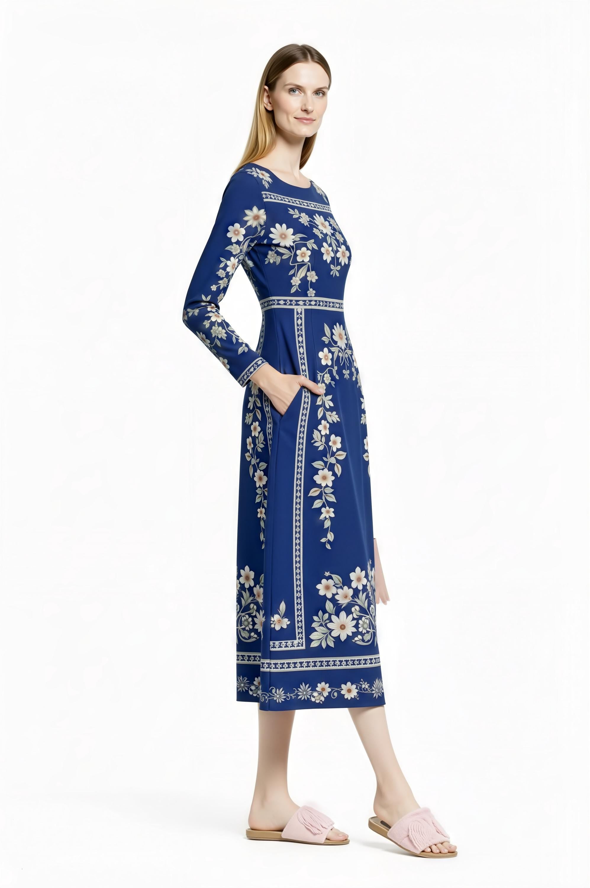 Blue Floral Midi Dress, Vintage Botanical Print, Long Sleeve A-Line, Cottagecore Style __etsy:7822997144