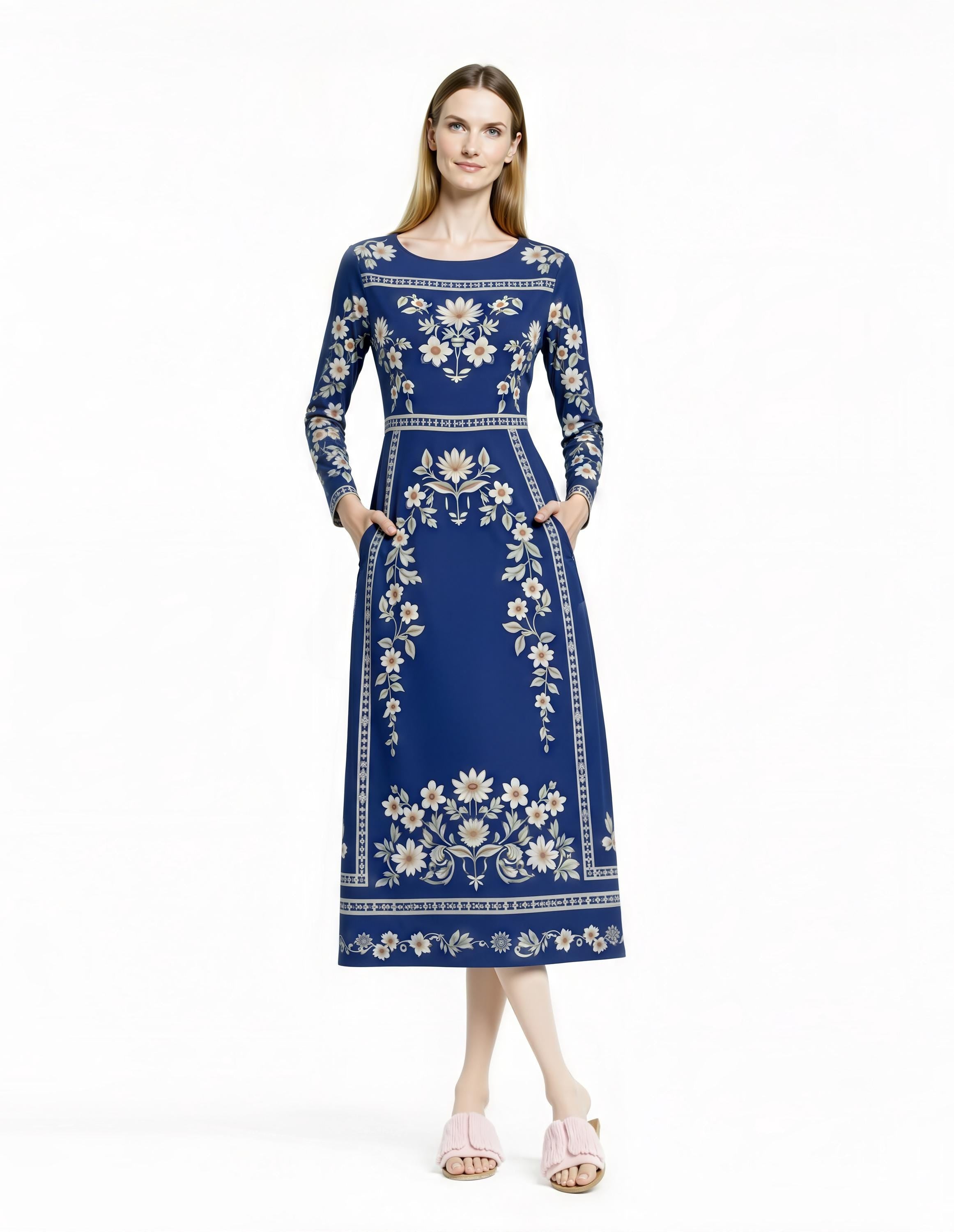 Blue Floral Midi Dress, Vintage Botanical Print, Long Sleeve A-Line, Cottagecore Style __etsy:7823003590