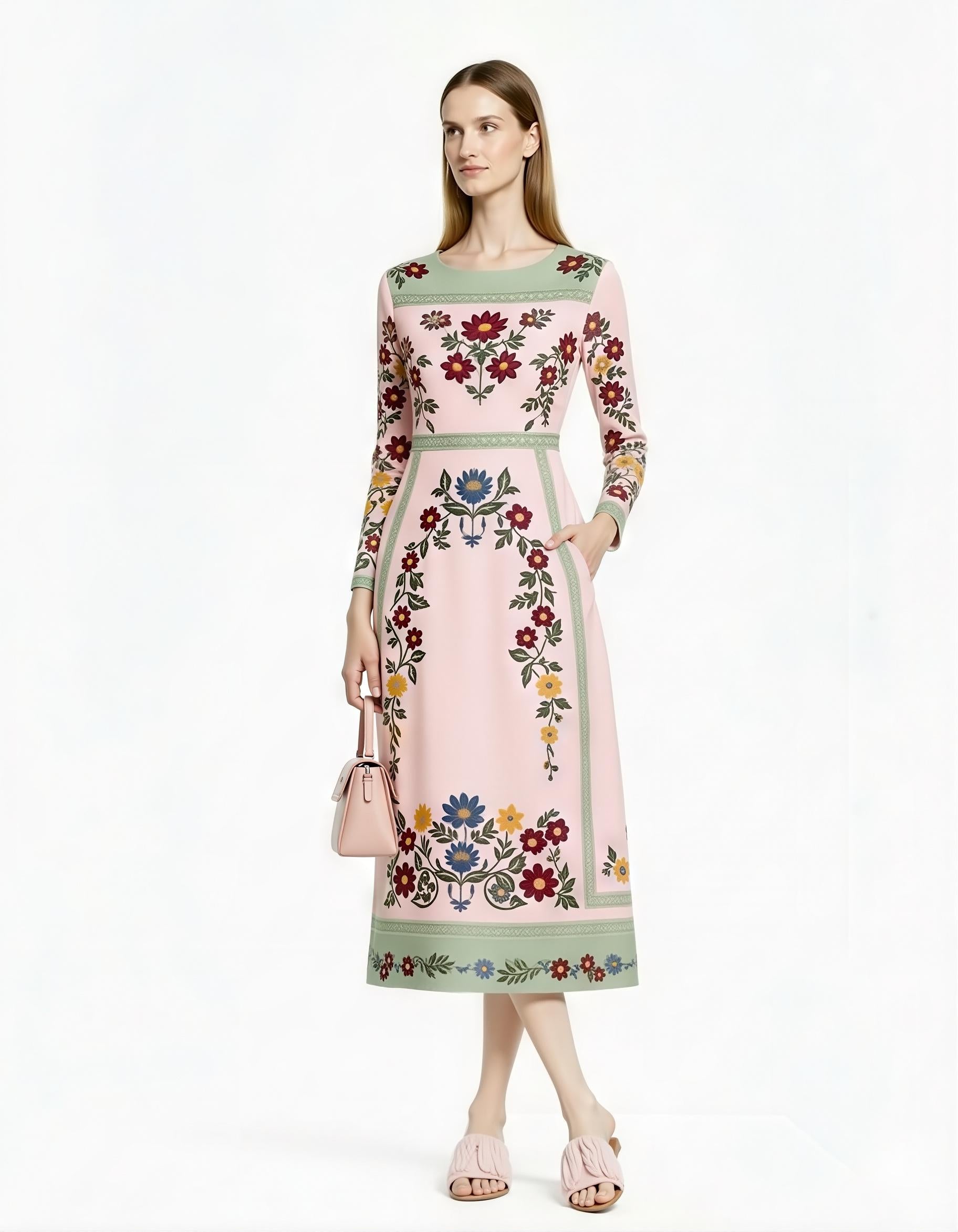 Folk Floral Print Midi Dress, Long Sleeve A-Line, Vintage Boho Style __etsy:7823194200