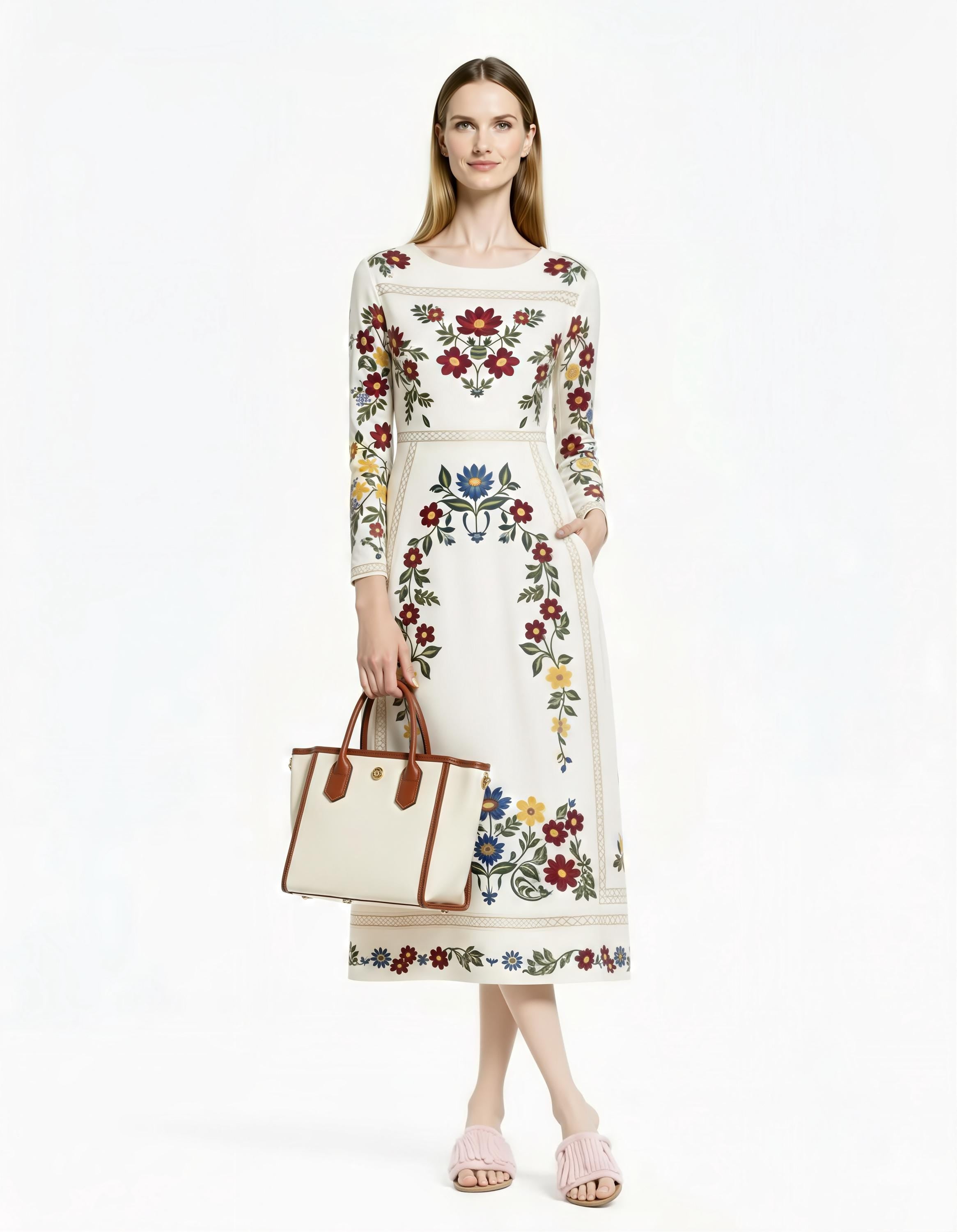 Folk Floral Print Midi Dress, Long Sleeve A-Line, Vintage Boho Style __etsy:7823194228