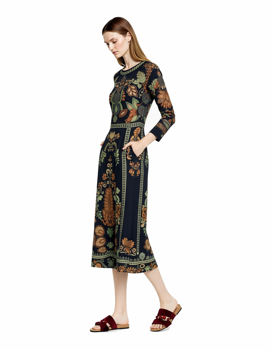 Black Botanical Print Midi Dress, Vintage Boho Long Sleeve, Elegant Border Design __etsy:7828896530