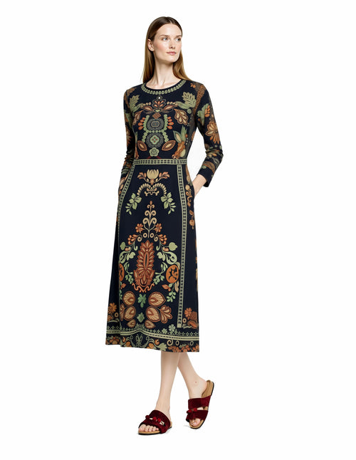 Black Botanical Print Midi Dress, Vintage Boho Long Sleeve, Elegant Border Design __etsy:7828899936