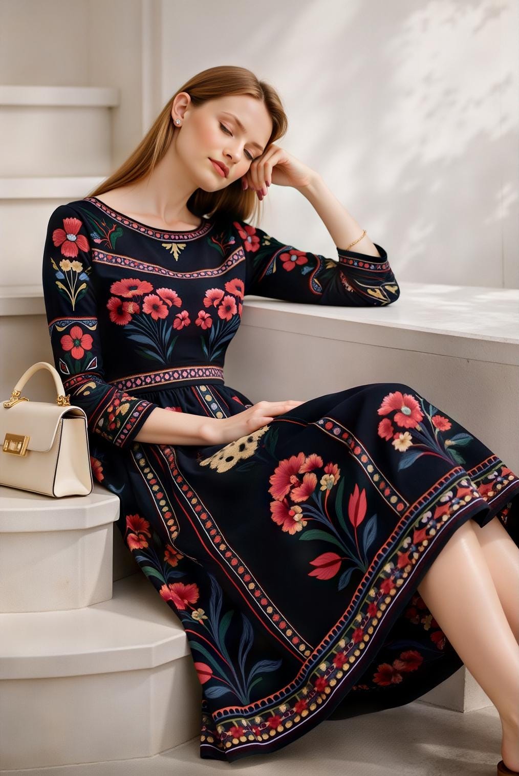 Black Floral Midi Dress with Long Sleeves and Side Pockets A-Line Silhouette __etsy:7835369322