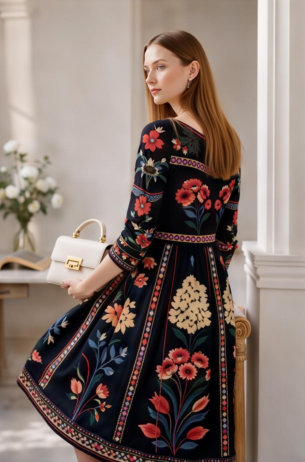 Black Floral Midi Dress with Long Sleeves and Side Pockets A-Line Silhouette __etsy:7835373434