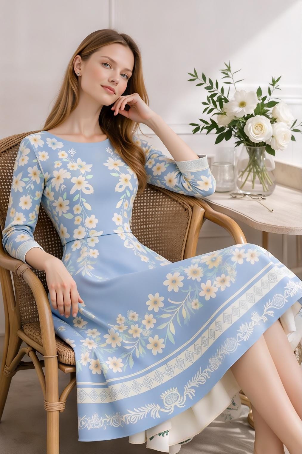 Blue Floral Midi Dress, Vintage Botanical Print, A-Line Silhouette, Long Sleeve, Pockets __etsy:7835949988