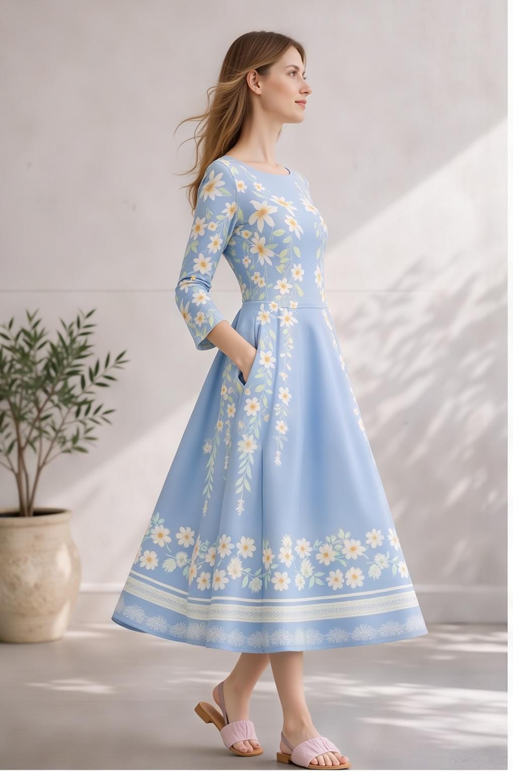 Blue Floral Midi Dress, Vintage Botanical Print, A-Line Silhouette, Long Sleeve, Pockets __etsy:7835949990